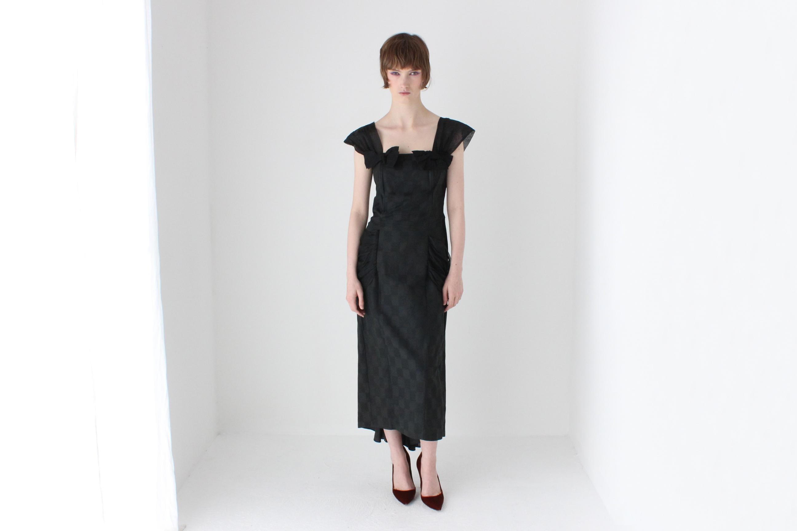 80s 'Shishi' Silk Organza & Checkered Cotton Hourglass Dress