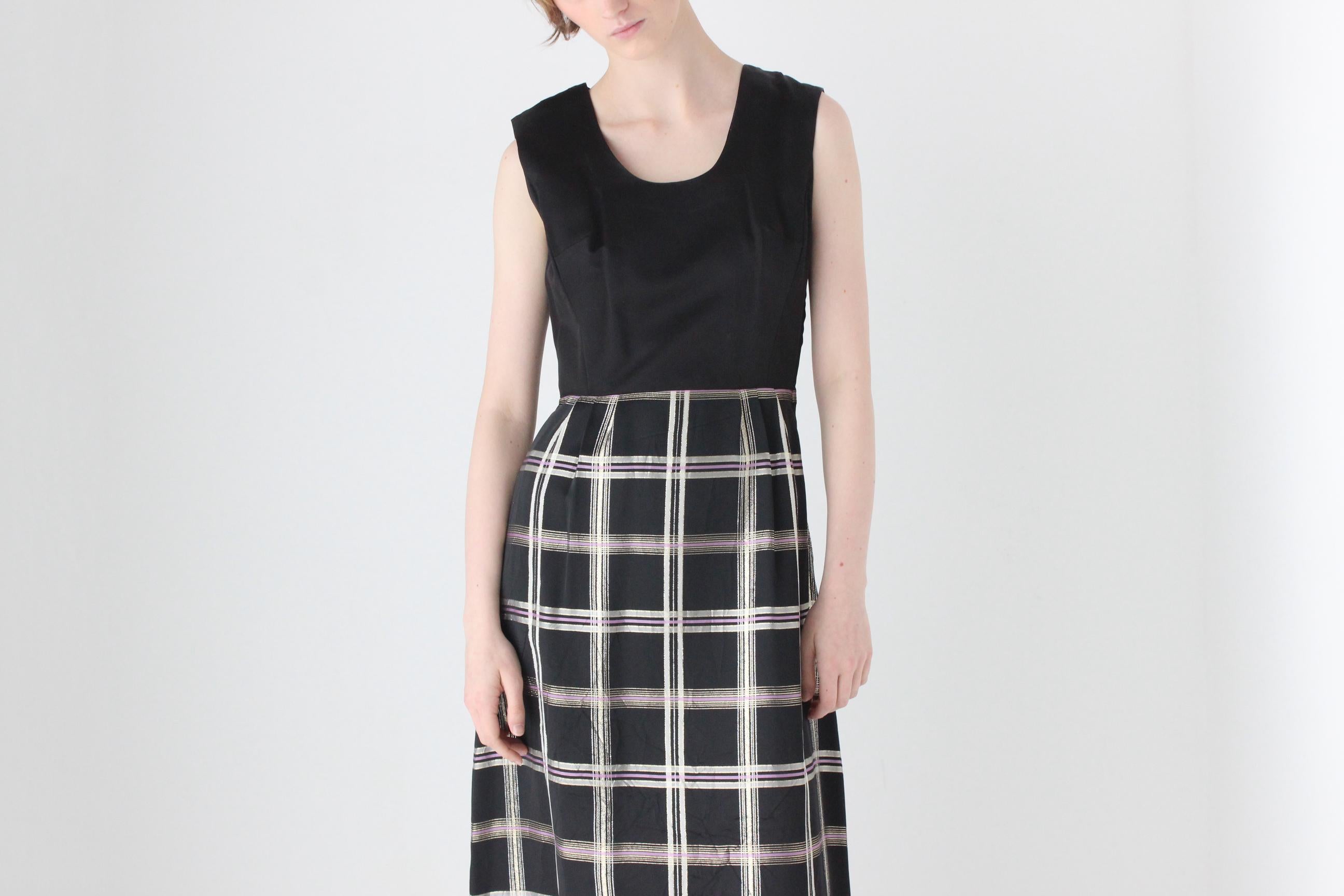 70s Satin & Metallic Tartan A Line Event Hostess Dress