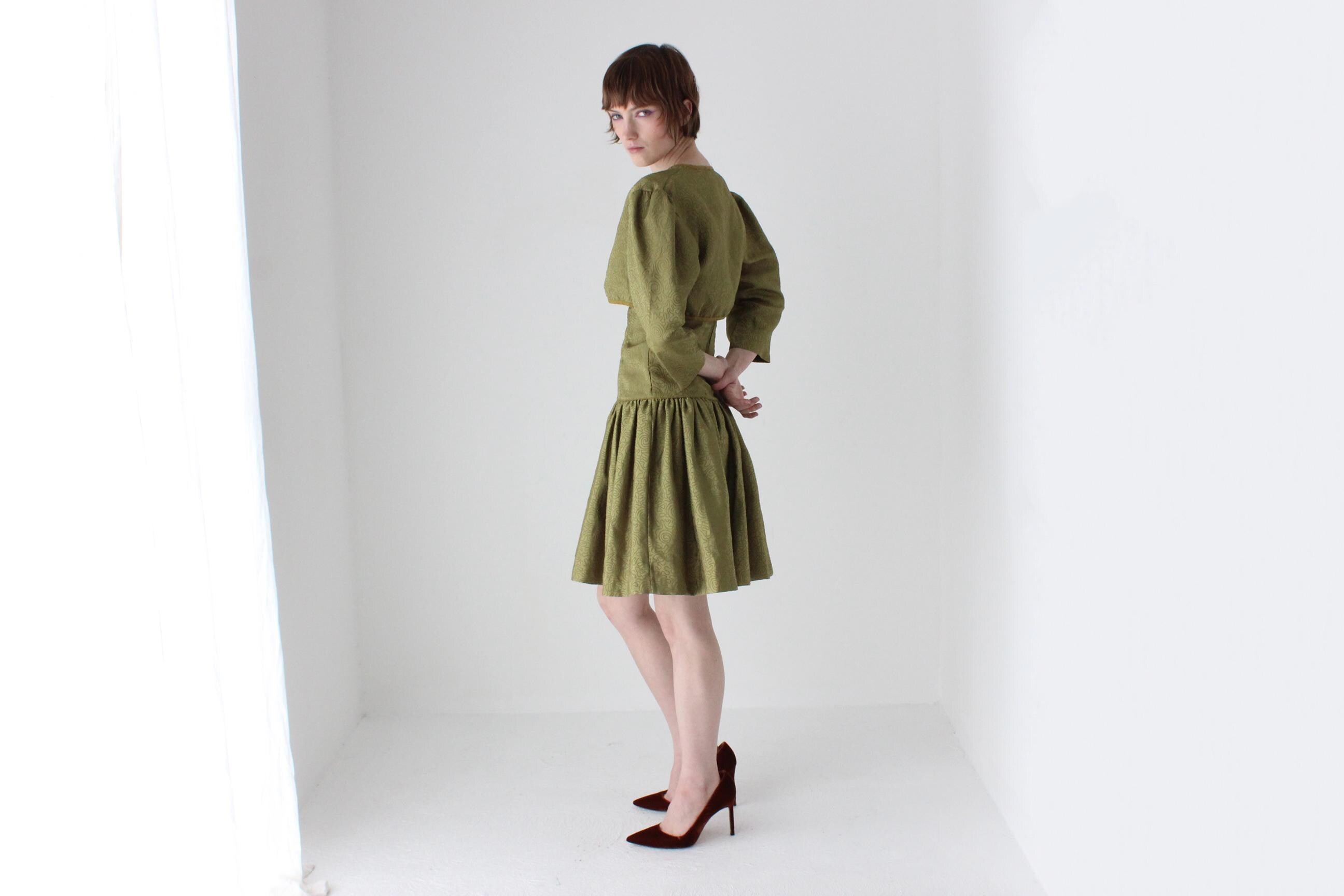 80s Olive Taffeta Mini Dress & Bolero Matching Set