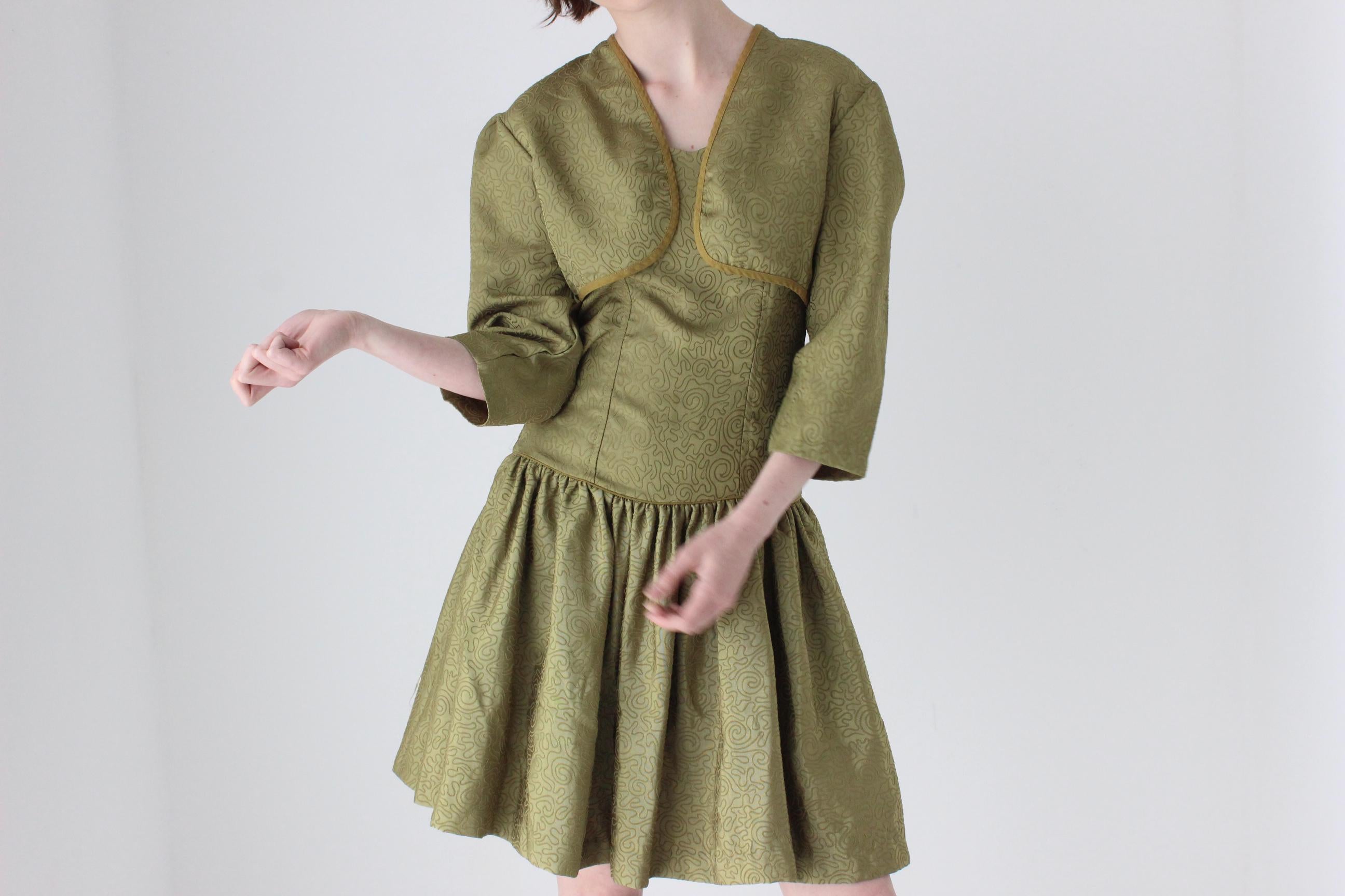 80s Olive Taffeta Mini Dress & Bolero Matching Set