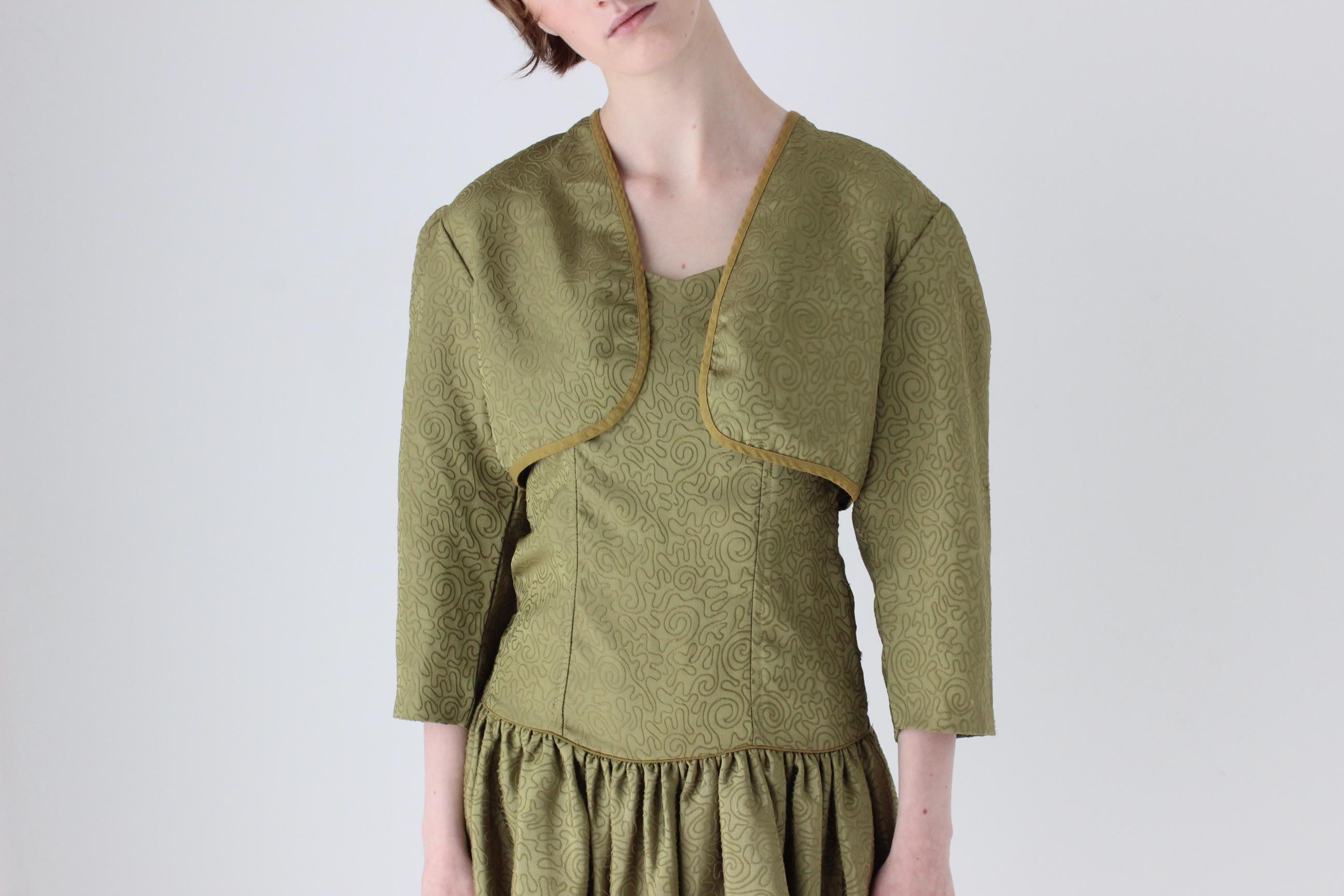 80s Olive Taffeta Mini Dress & Bolero Matching Set