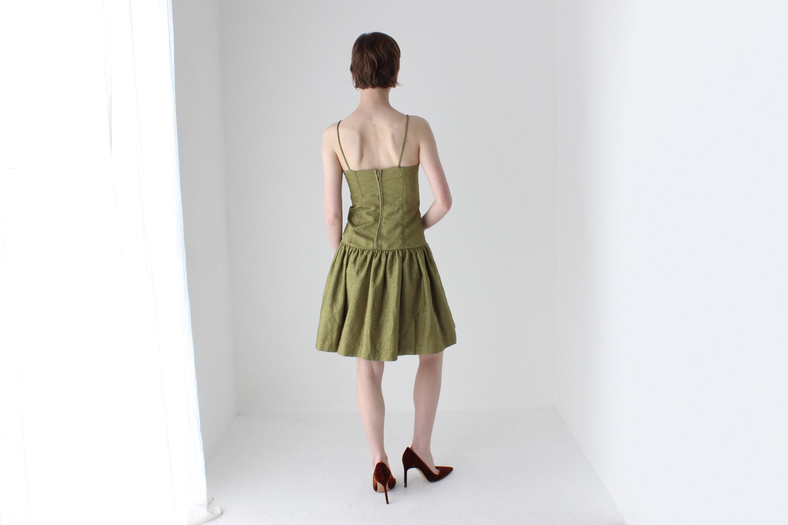 80s Olive Taffeta Mini Dress & Bolero Matching Set