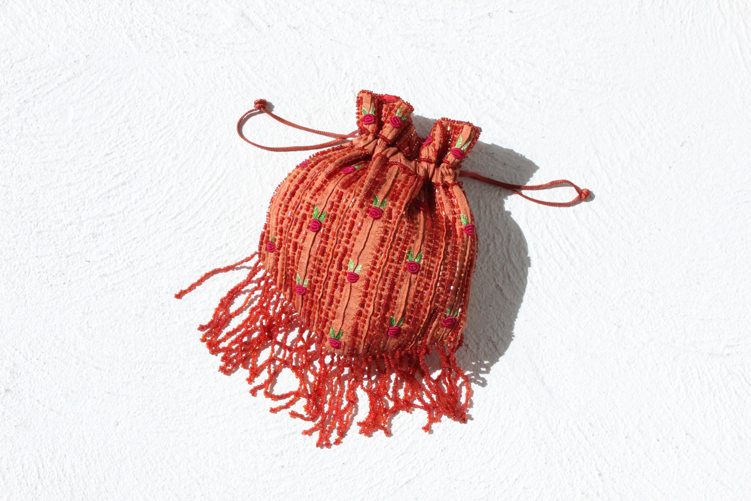 90s Does 20s Beaded Raw Silk Drawstring Evening Bag