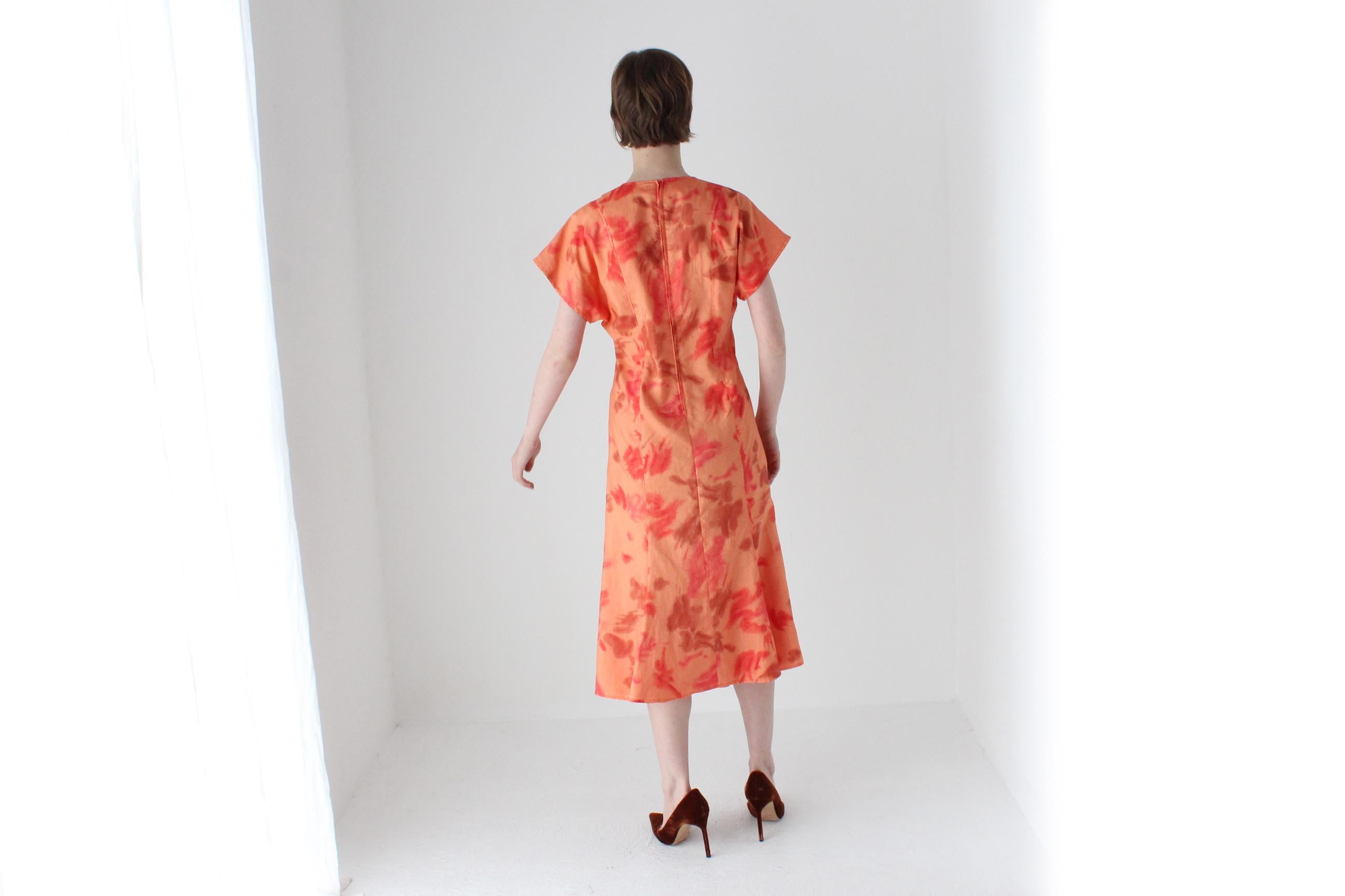 80s Mottled Orange Taffeta V Neck Party Dress