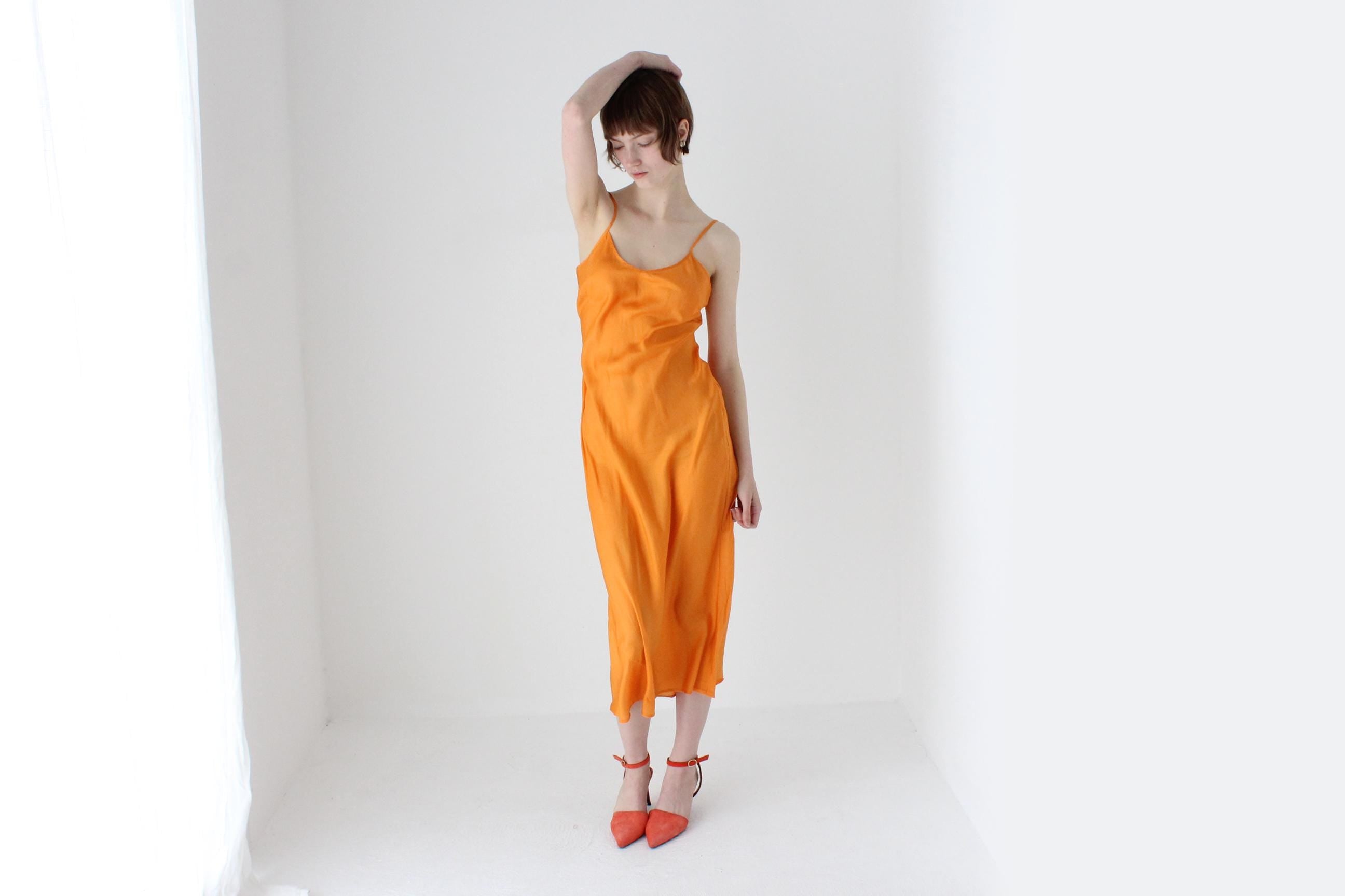 90s Pure Silk Bias Cut Spaghetti Strap Slip Dress in Mandarin