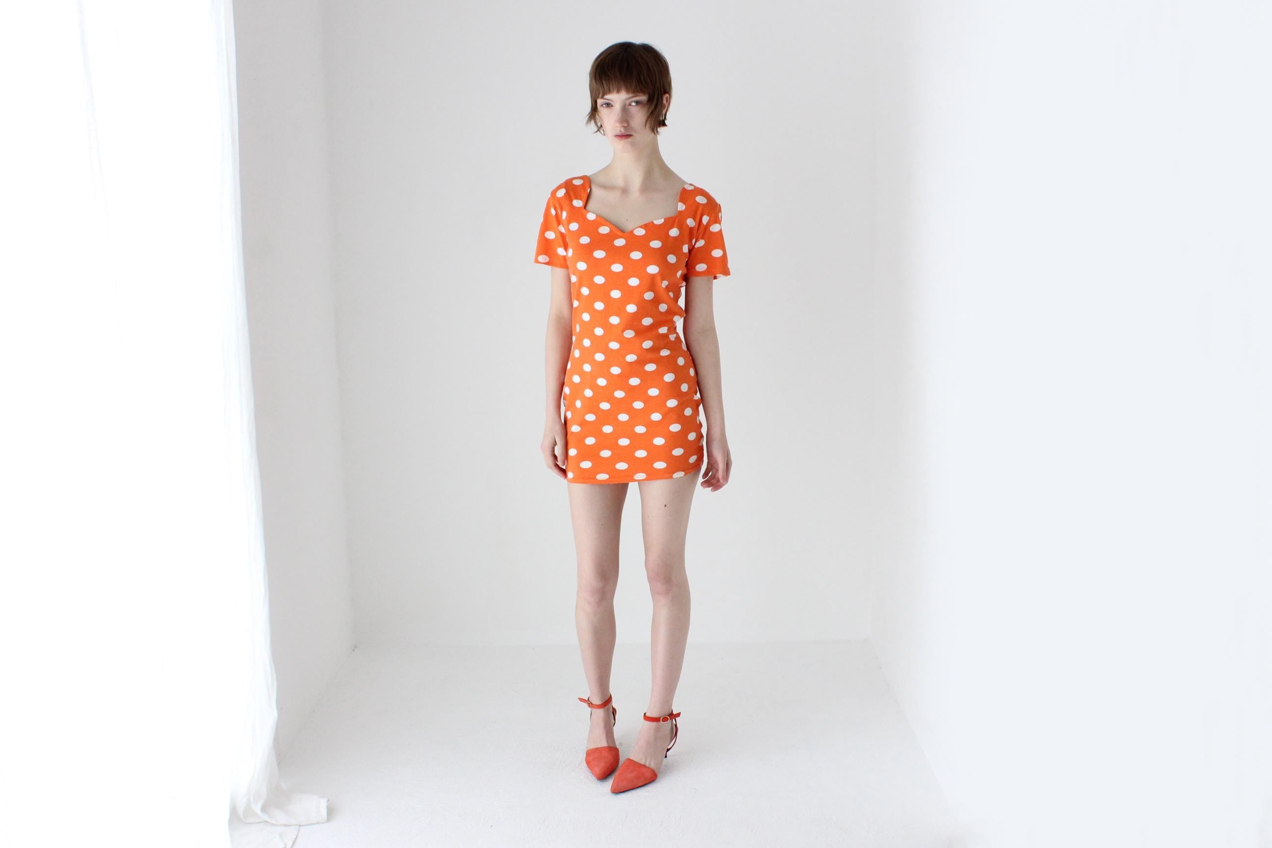 80s Orange Polka Dot Stretch Cotton Mini