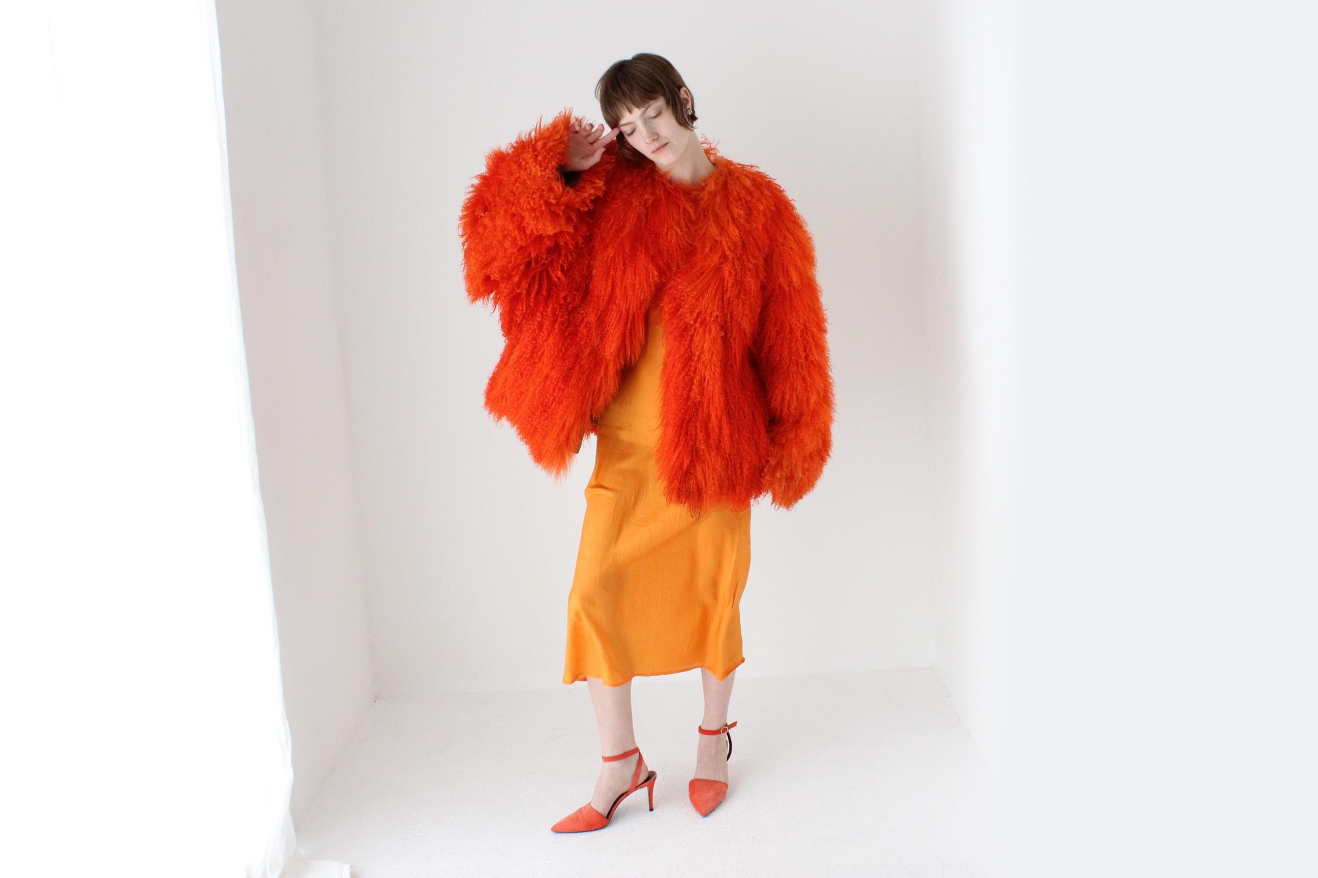 Wild 1970s Genuine Mongolian Lambswool Orange Shag Coat