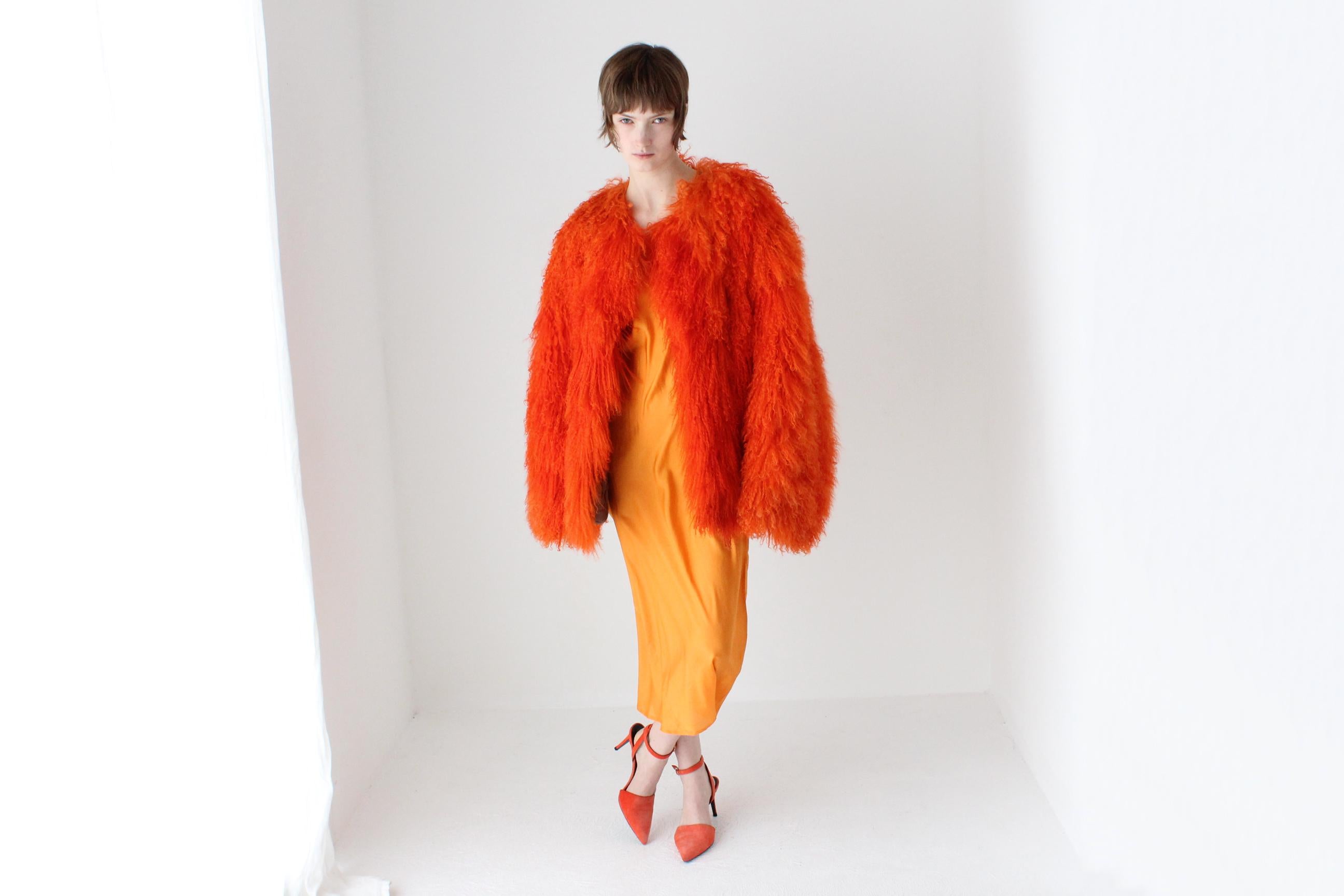 Wild 1970s Genuine Mongolian Lambswool Orange Shag Coat