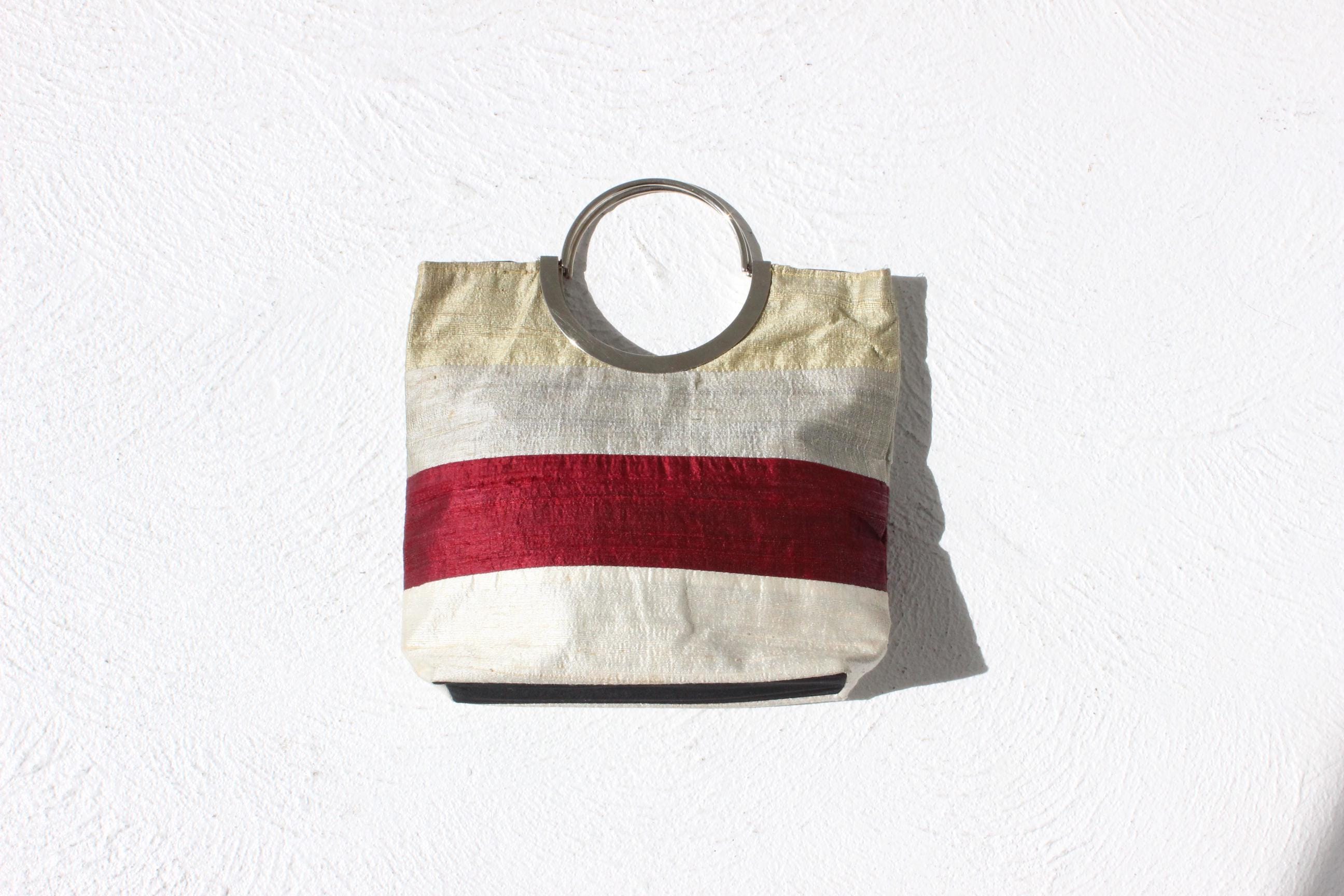 Y2K Raw Silk Striped Square Bag w/ Silver Metal Handle