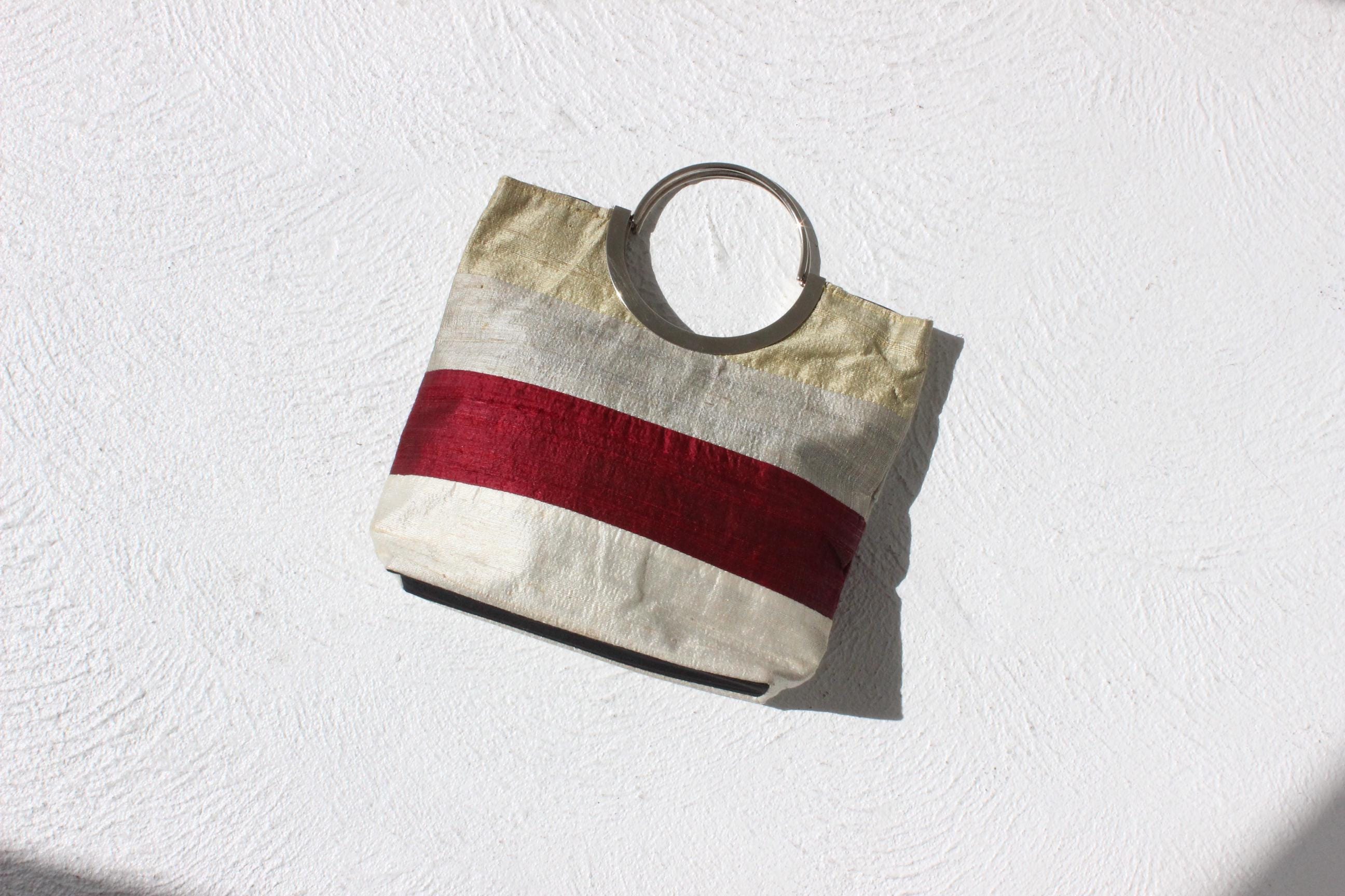 Y2K Raw Silk Striped Square Bag w/ Silver Metal Handle