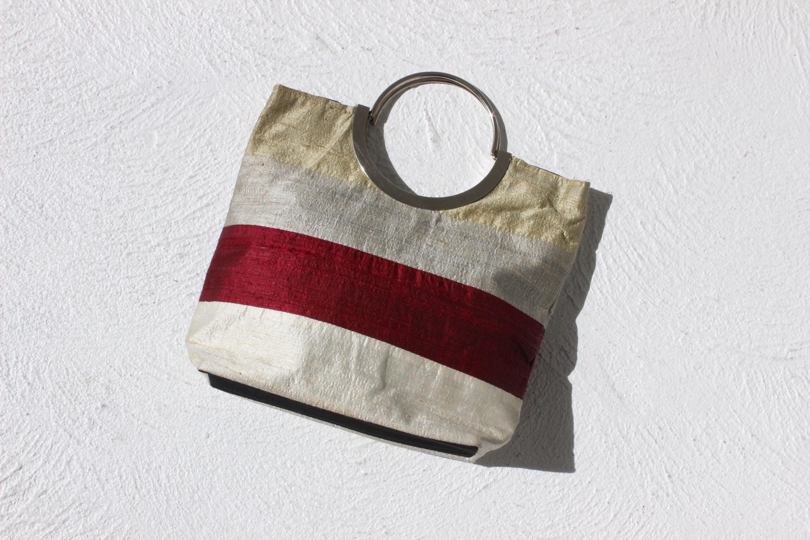 Y2K Raw Silk Striped Square Bag w/ Silver Metal Handle