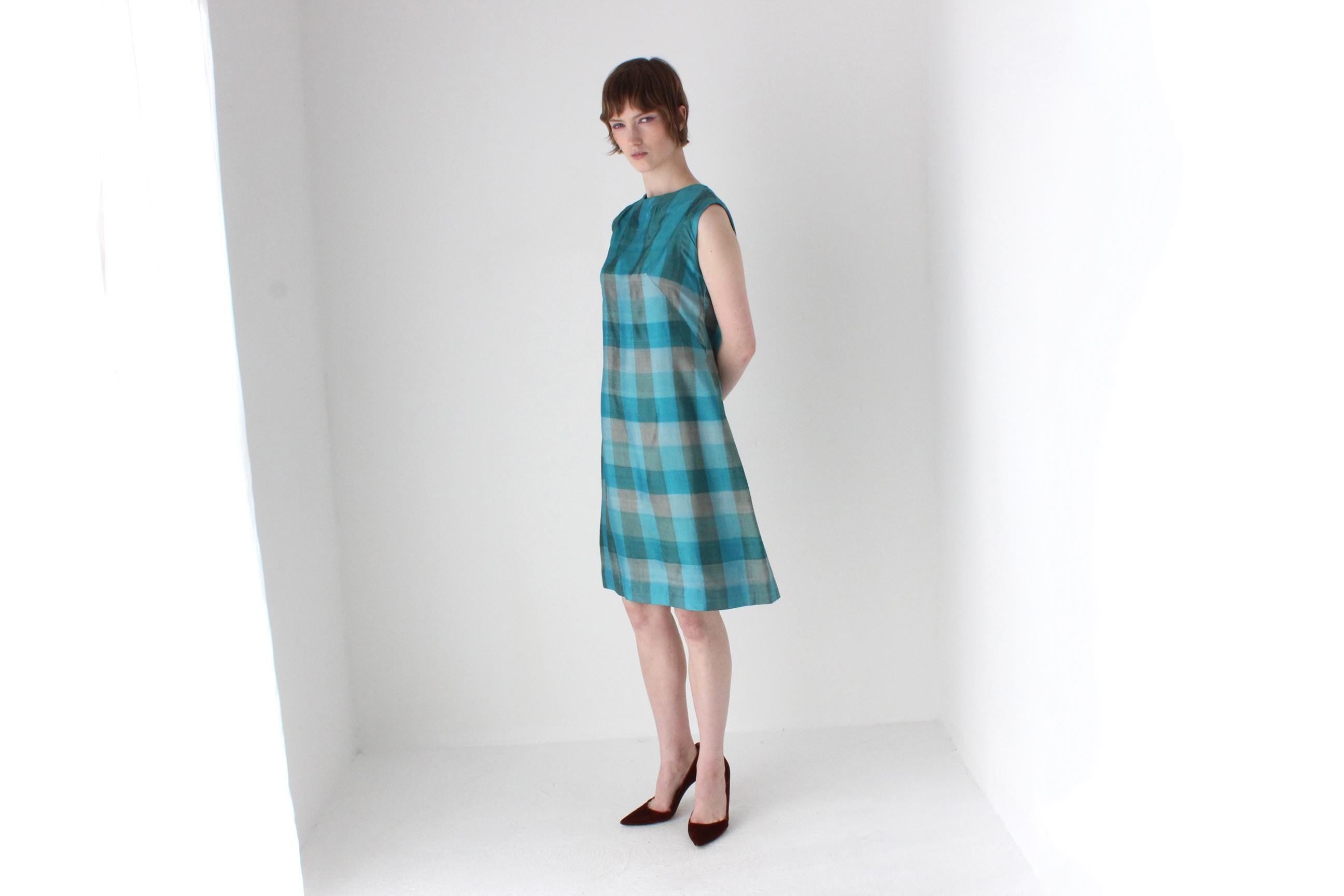 70s Woven Silk Sleeveless Checked Shift Dress