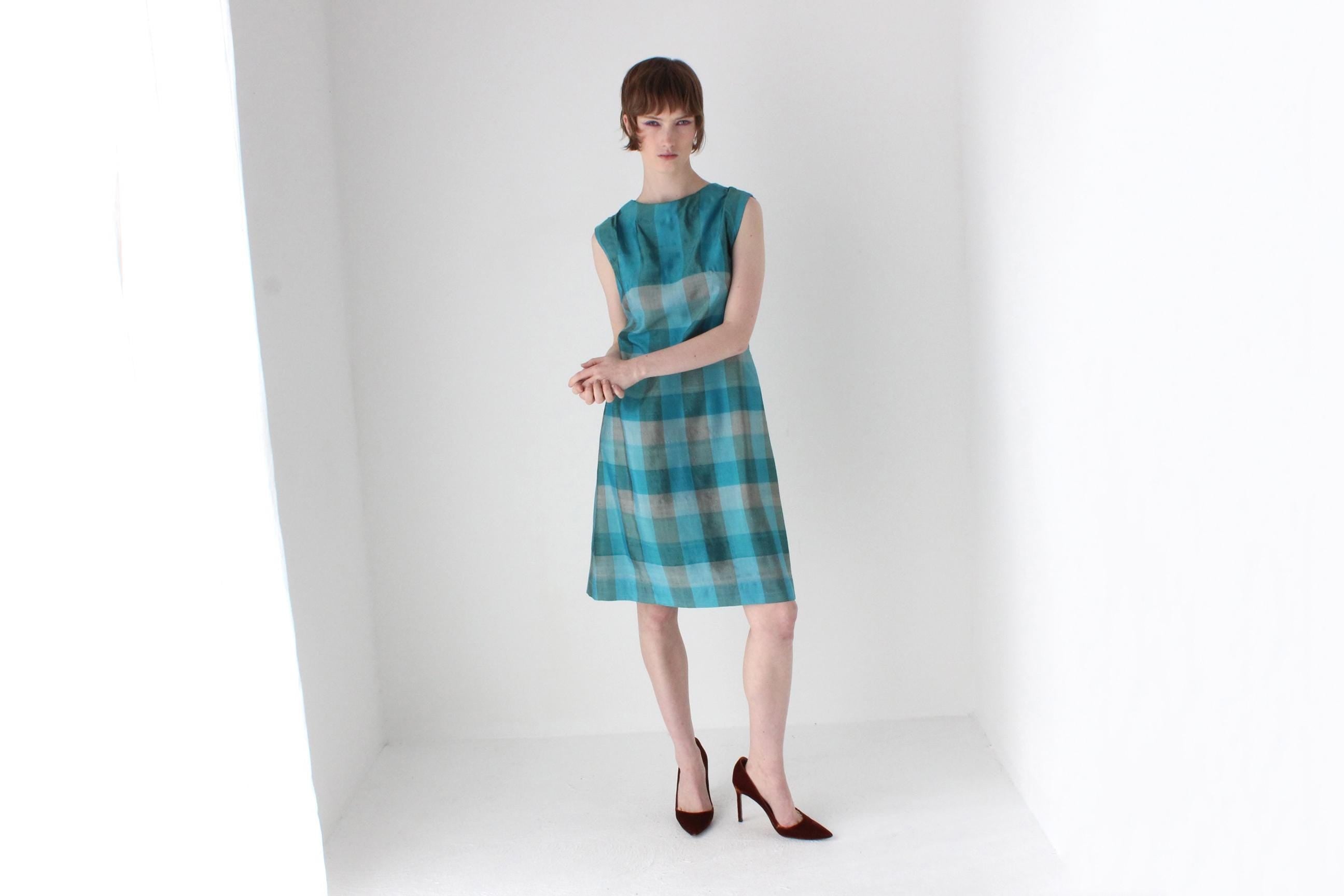 70s Woven Silk Sleeveless Checked Shift Dress