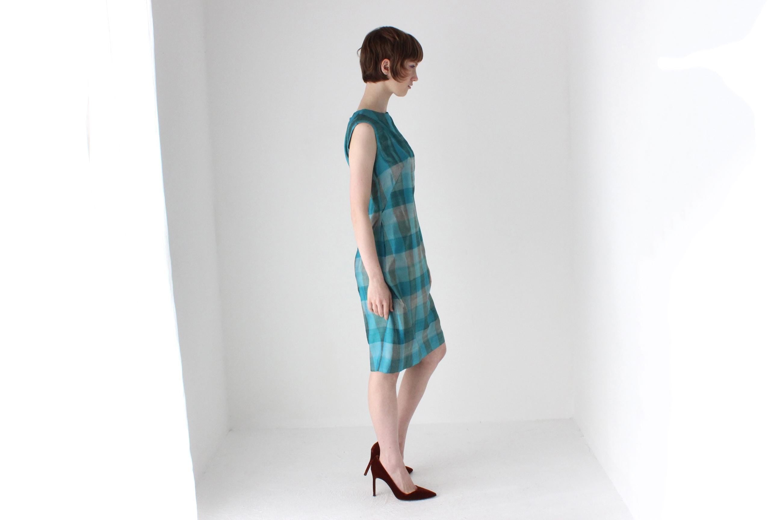 70s Woven Silk Sleeveless Checked Shift Dress