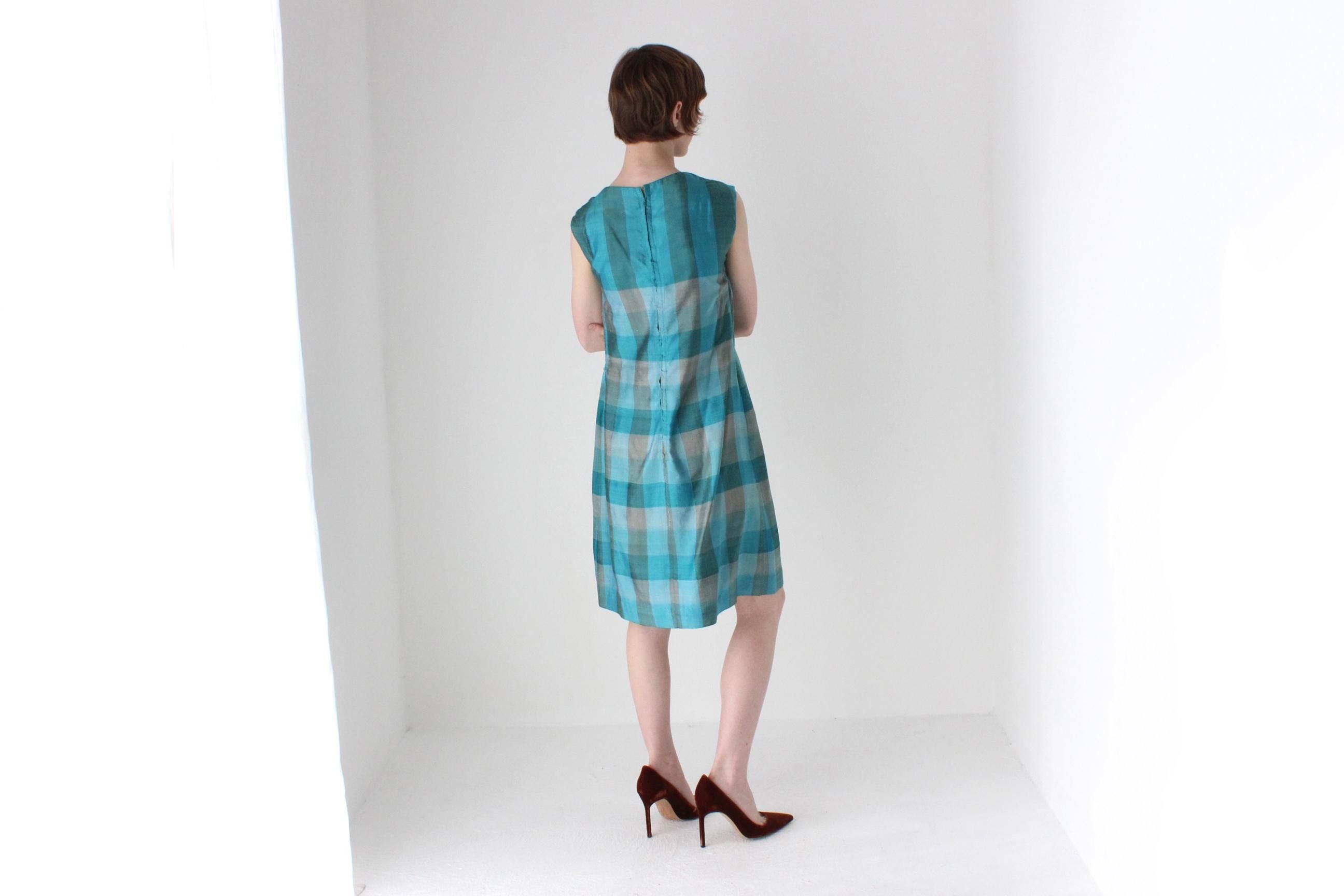 70s Woven Silk Sleeveless Checked Shift Dress