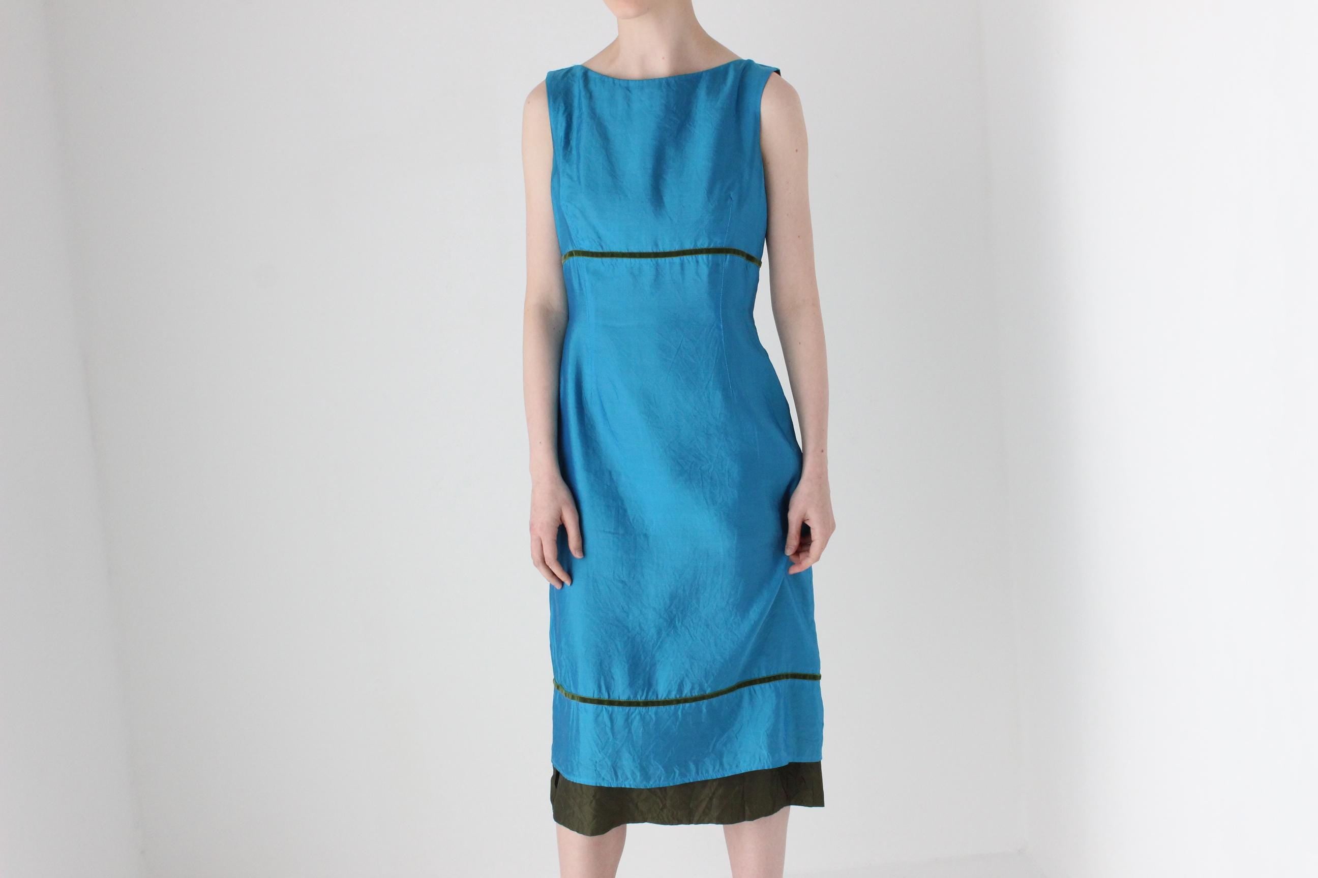 2000s Cerulean Silk High Neck Sheath Dress