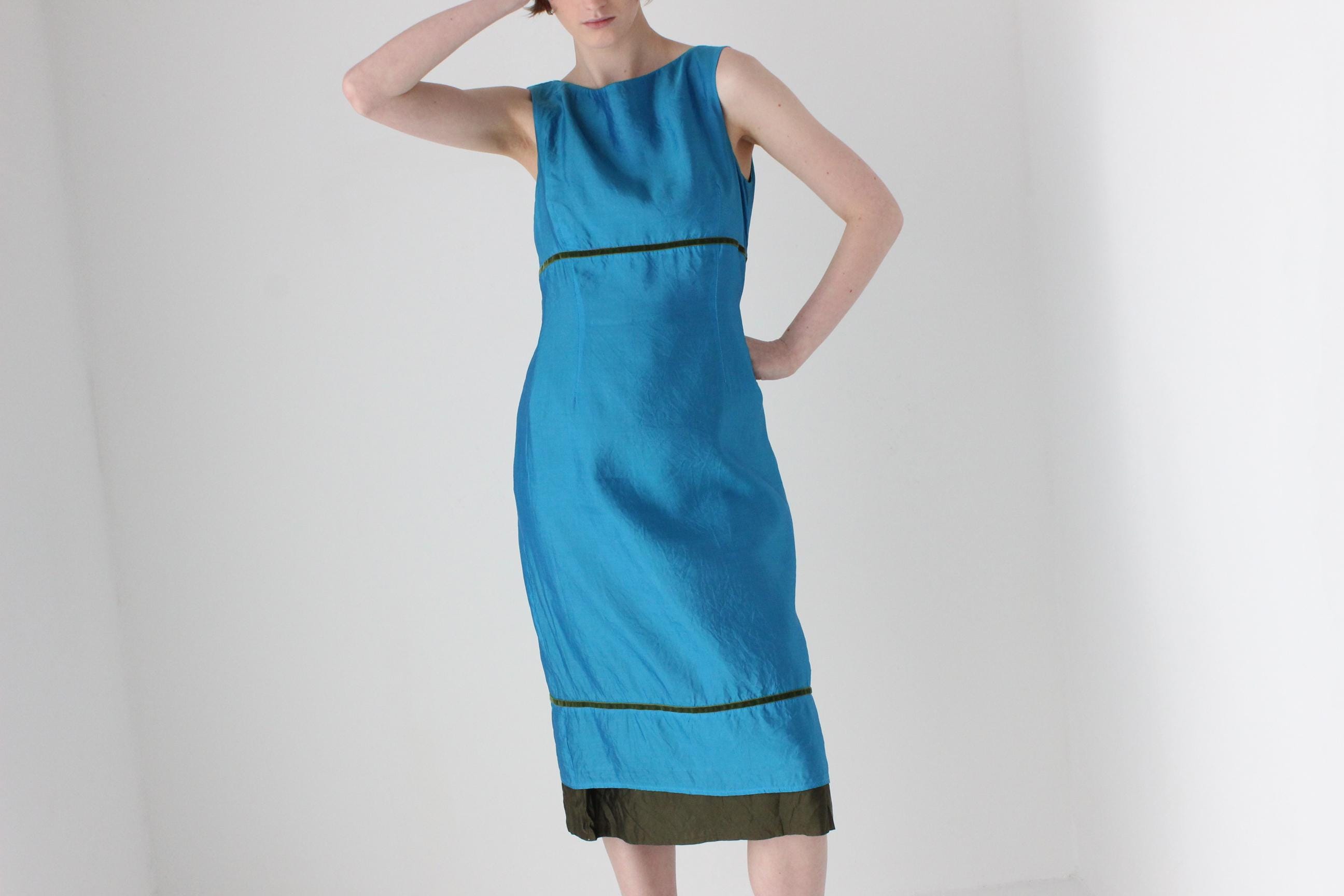 2000s Cerulean Silk High Neck Sheath Dress