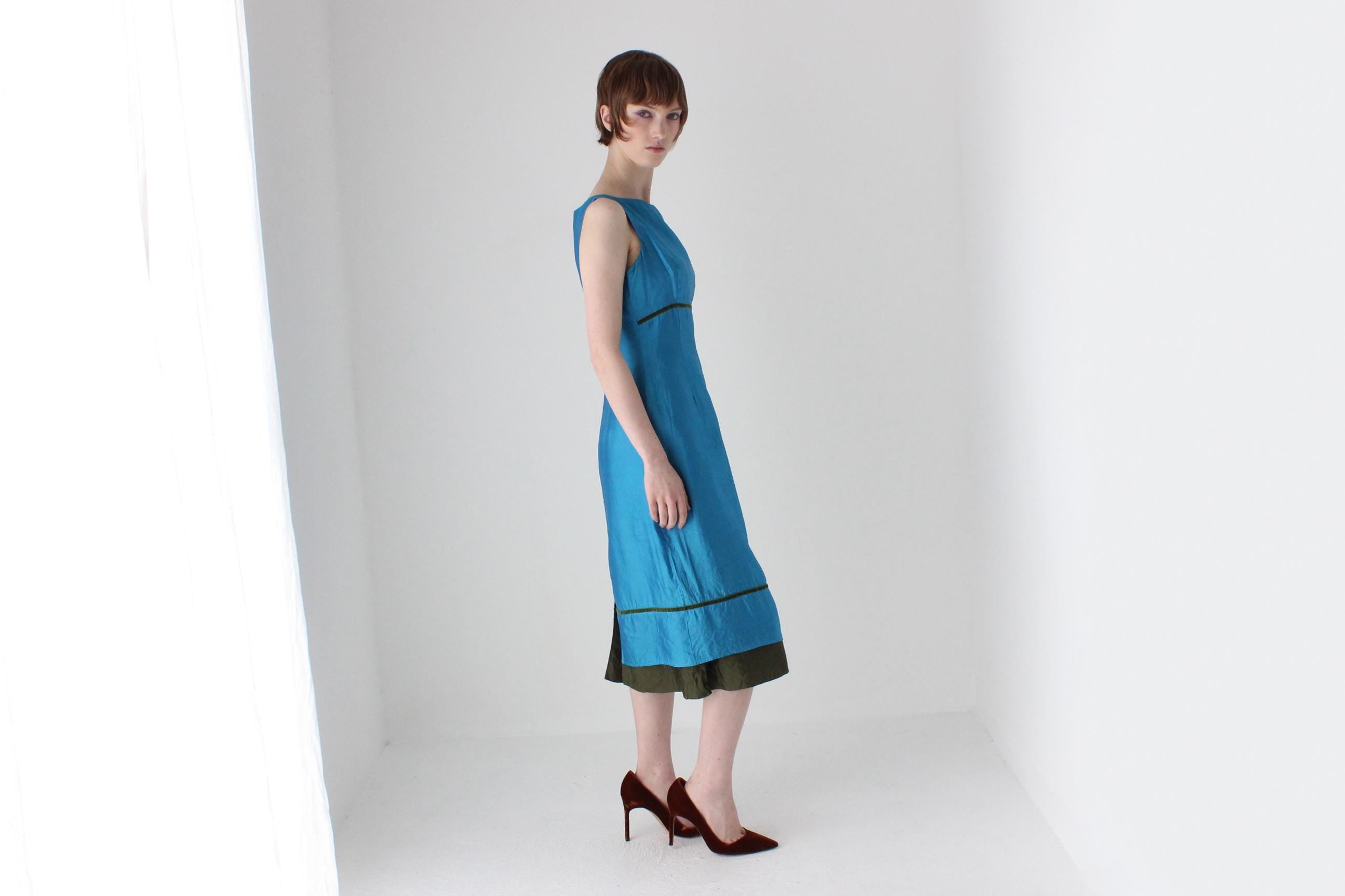 2000s Cerulean Silk High Neck Sheath Dress