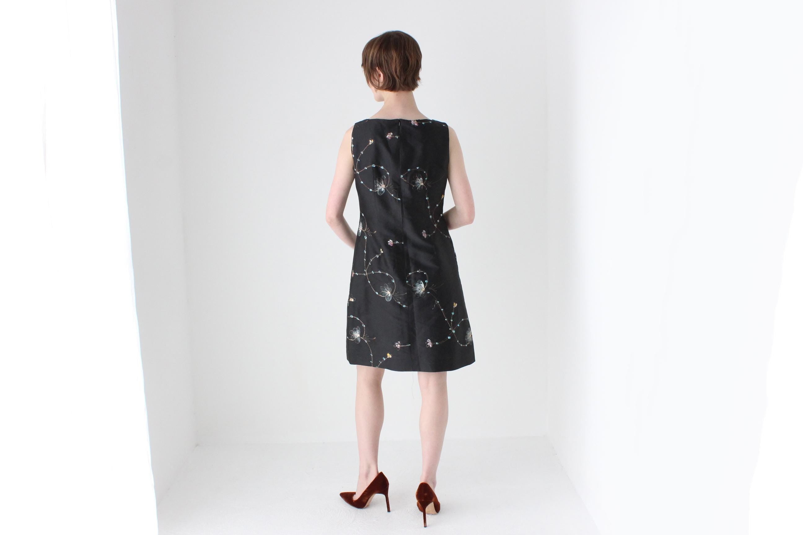 90s Hand Painted & Embroidered Silk Taffeta Dress