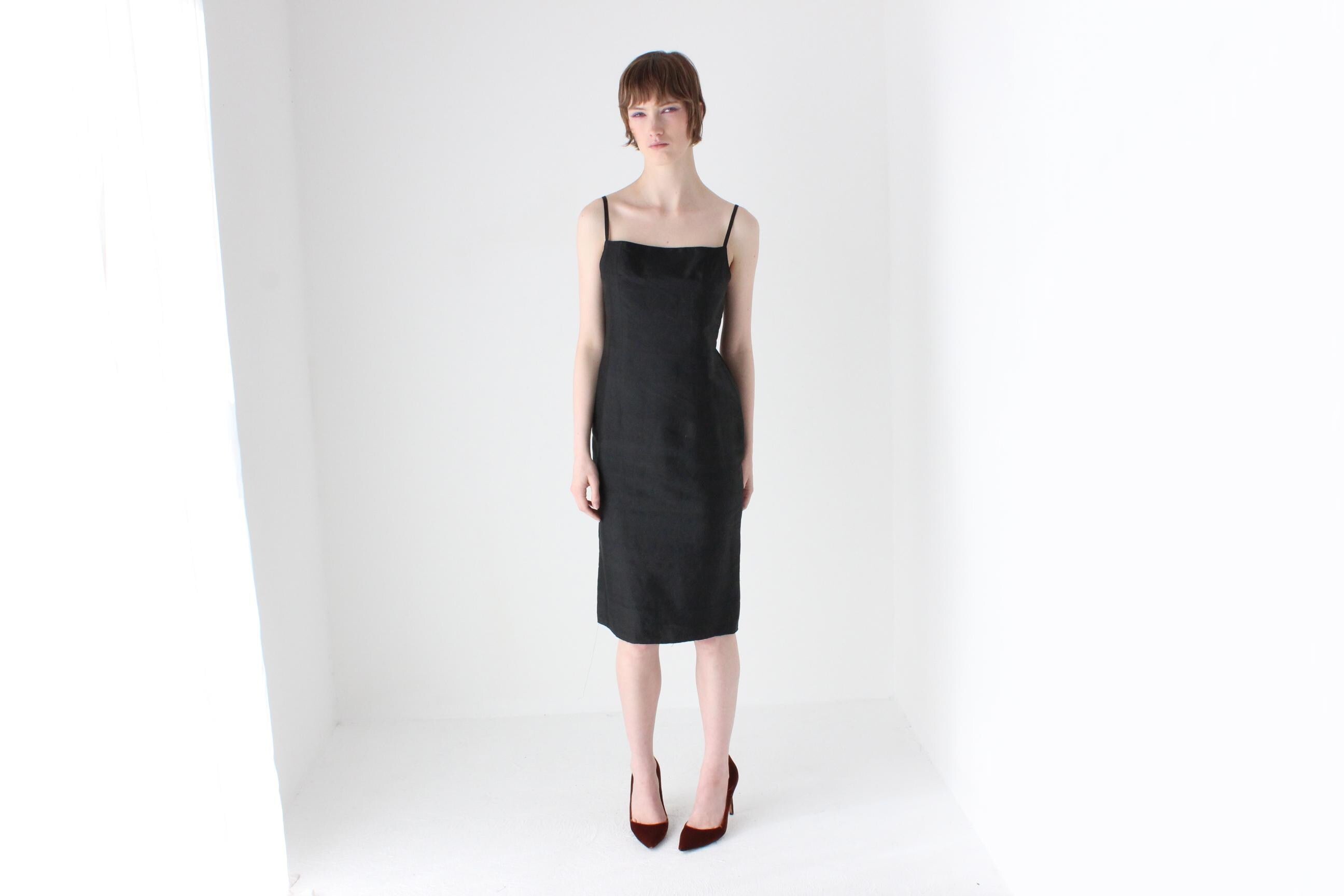 90s Pure Silk Minimal + Chic Straight Neck Black Sheath Dress