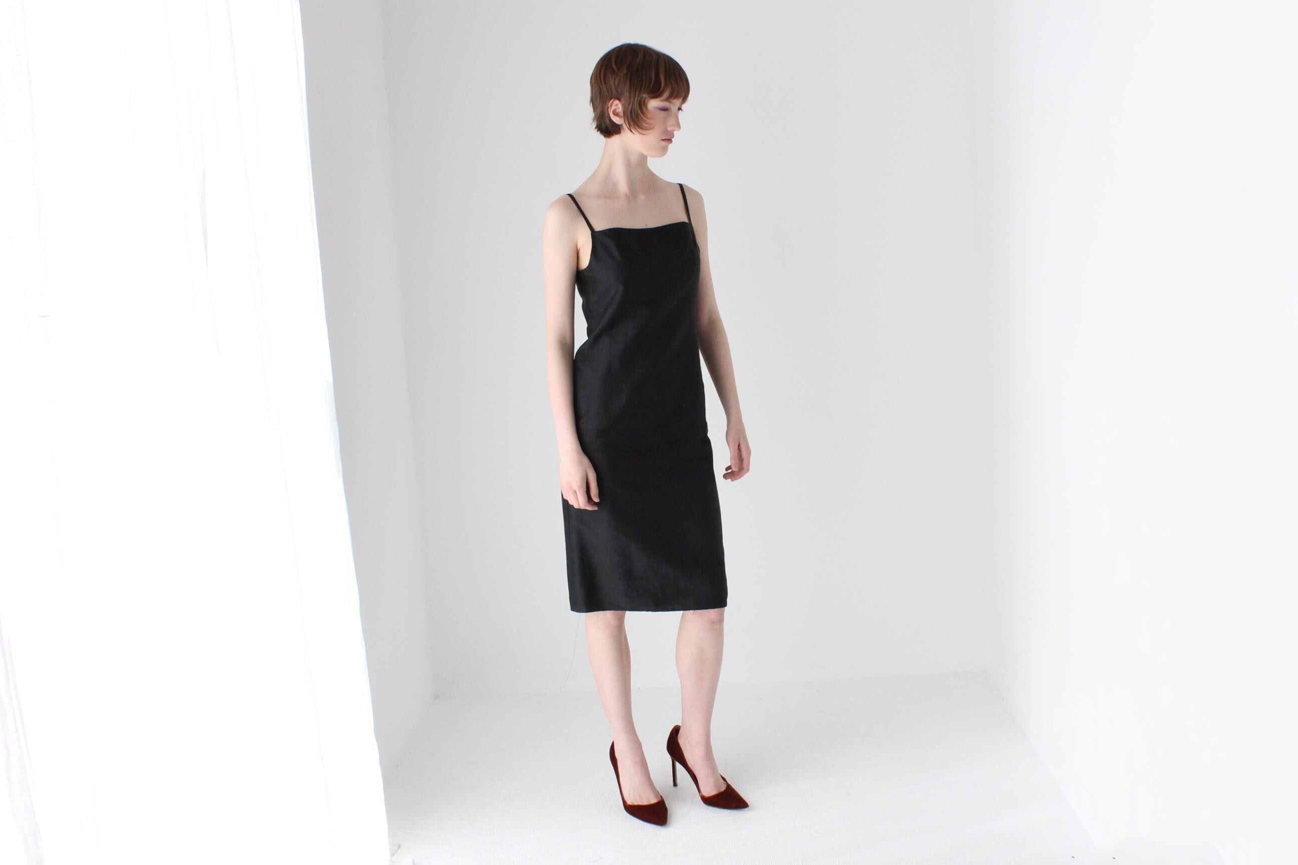 90s Pure Silk Minimal + Chic Straight Neck Black Sheath Dress