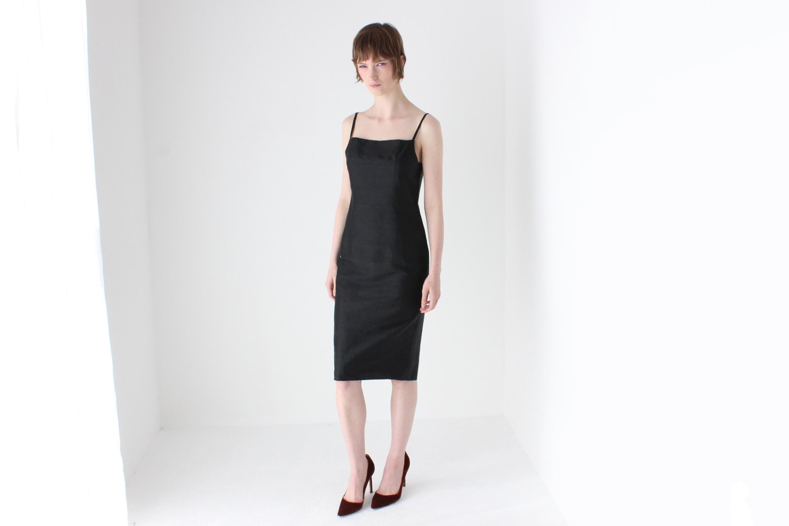 90s Pure Silk Minimal + Chic Straight Neck Black Sheath Dress