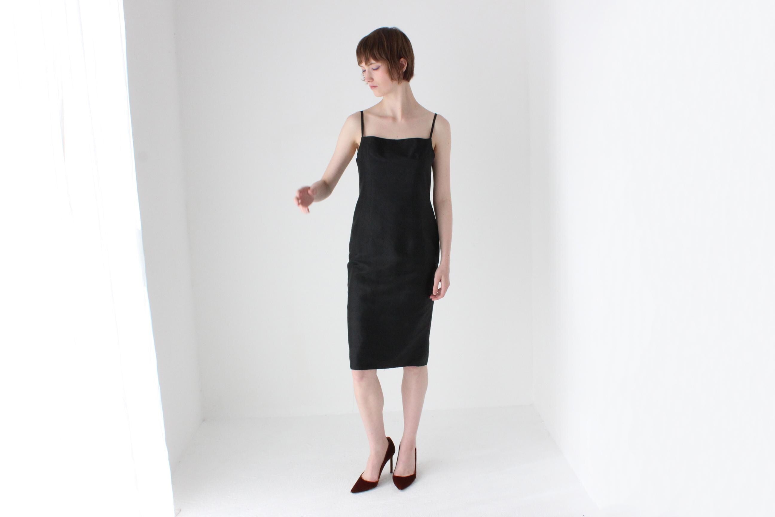 90s Pure Silk Minimal + Chic Straight Neck Black Sheath Dress