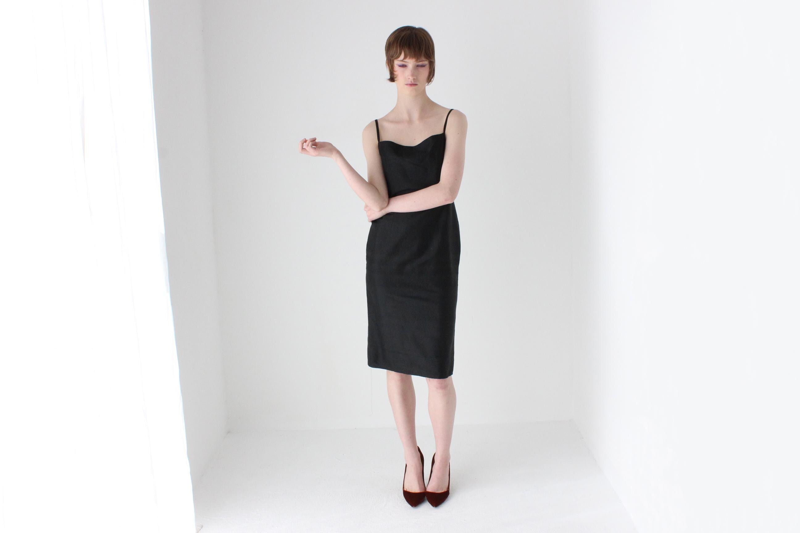 90s Pure Silk Minimal + Chic Straight Neck Black Sheath Dress