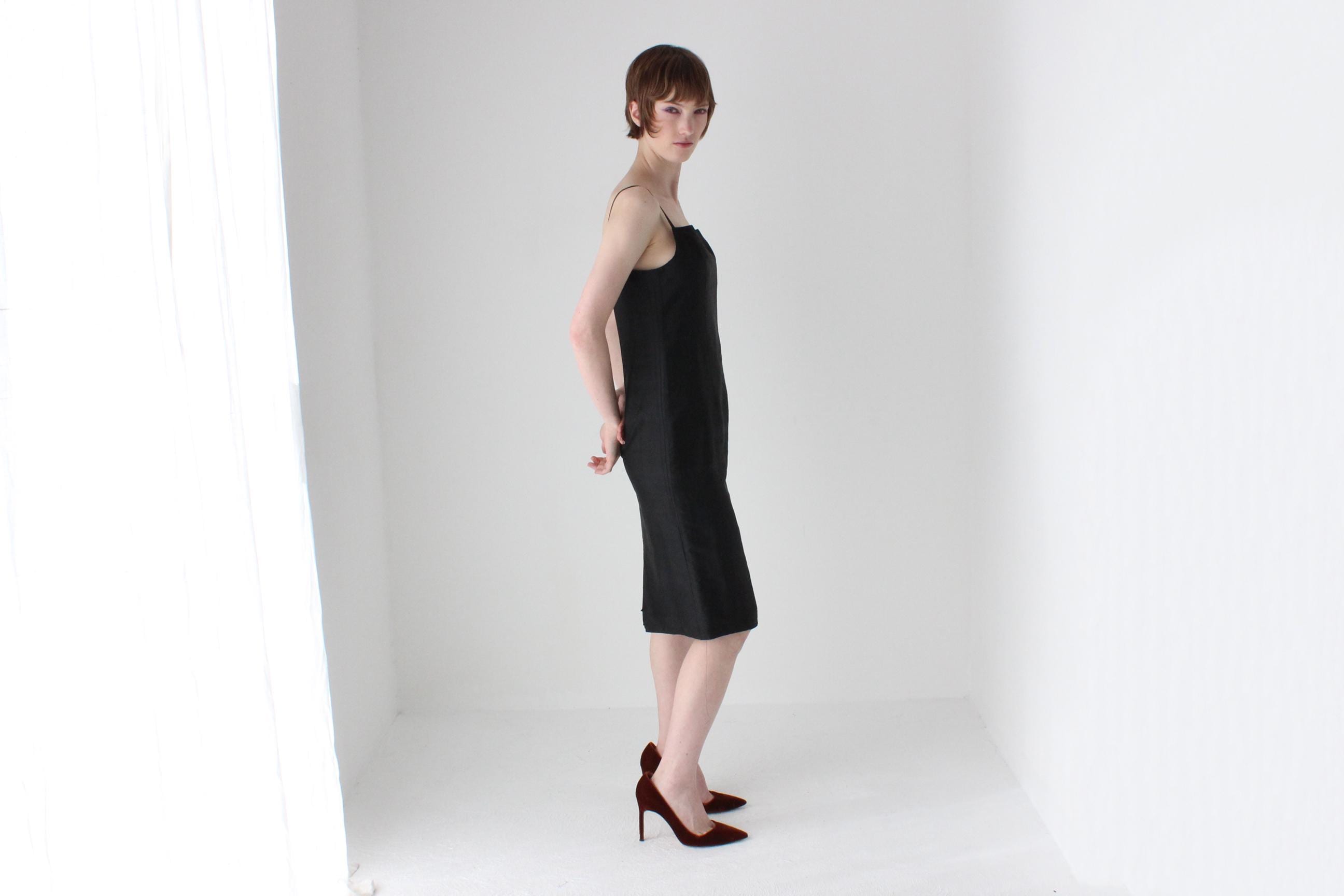 90s Pure Silk Minimal + Chic Straight Neck Black Sheath Dress