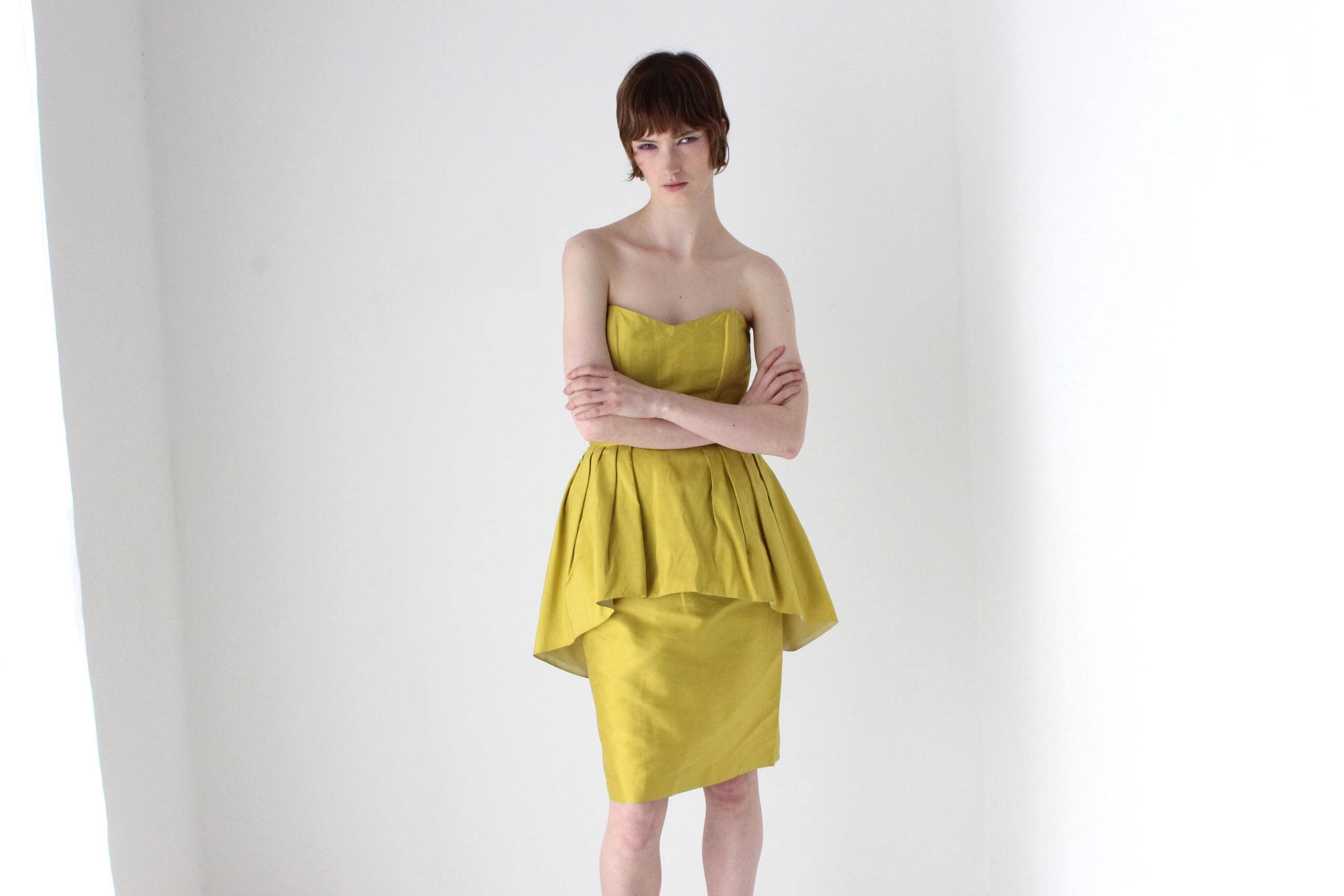 80s Raw Silk & Peplum Strapless Bustier Dress