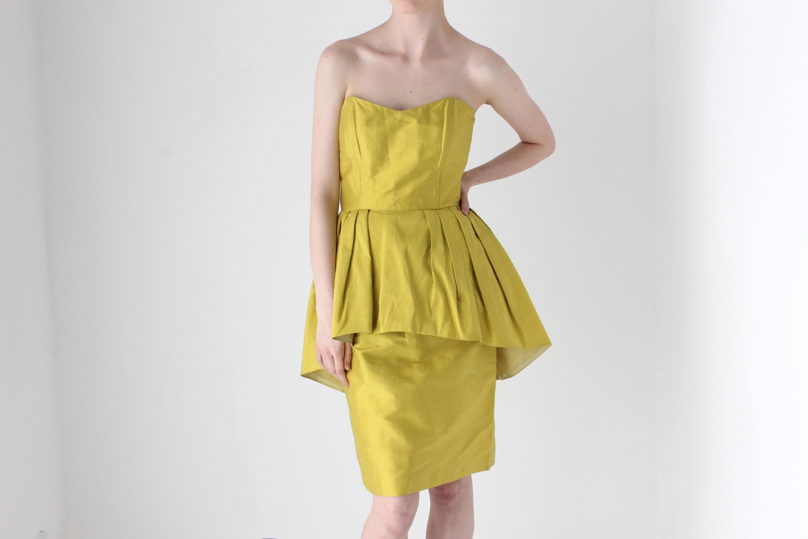 80s Raw Silk & Peplum Strapless Bustier Dress