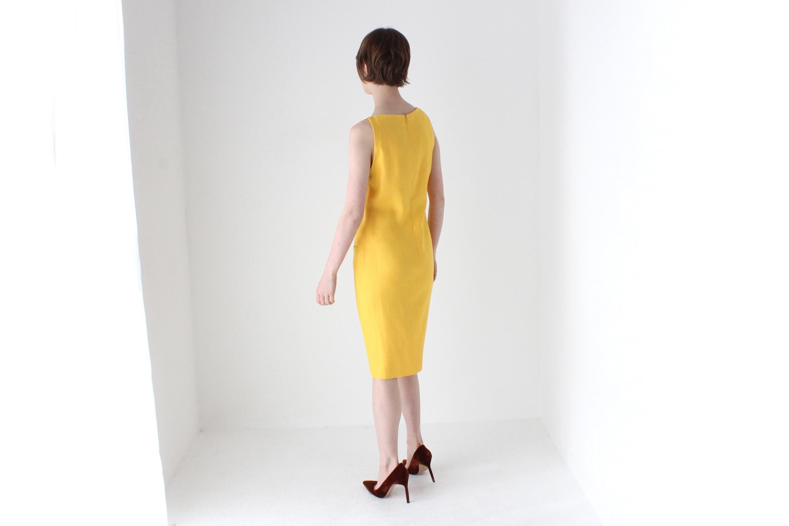 1980s BILL BLASS Sunflower Linen High Neck Cocktail Dress