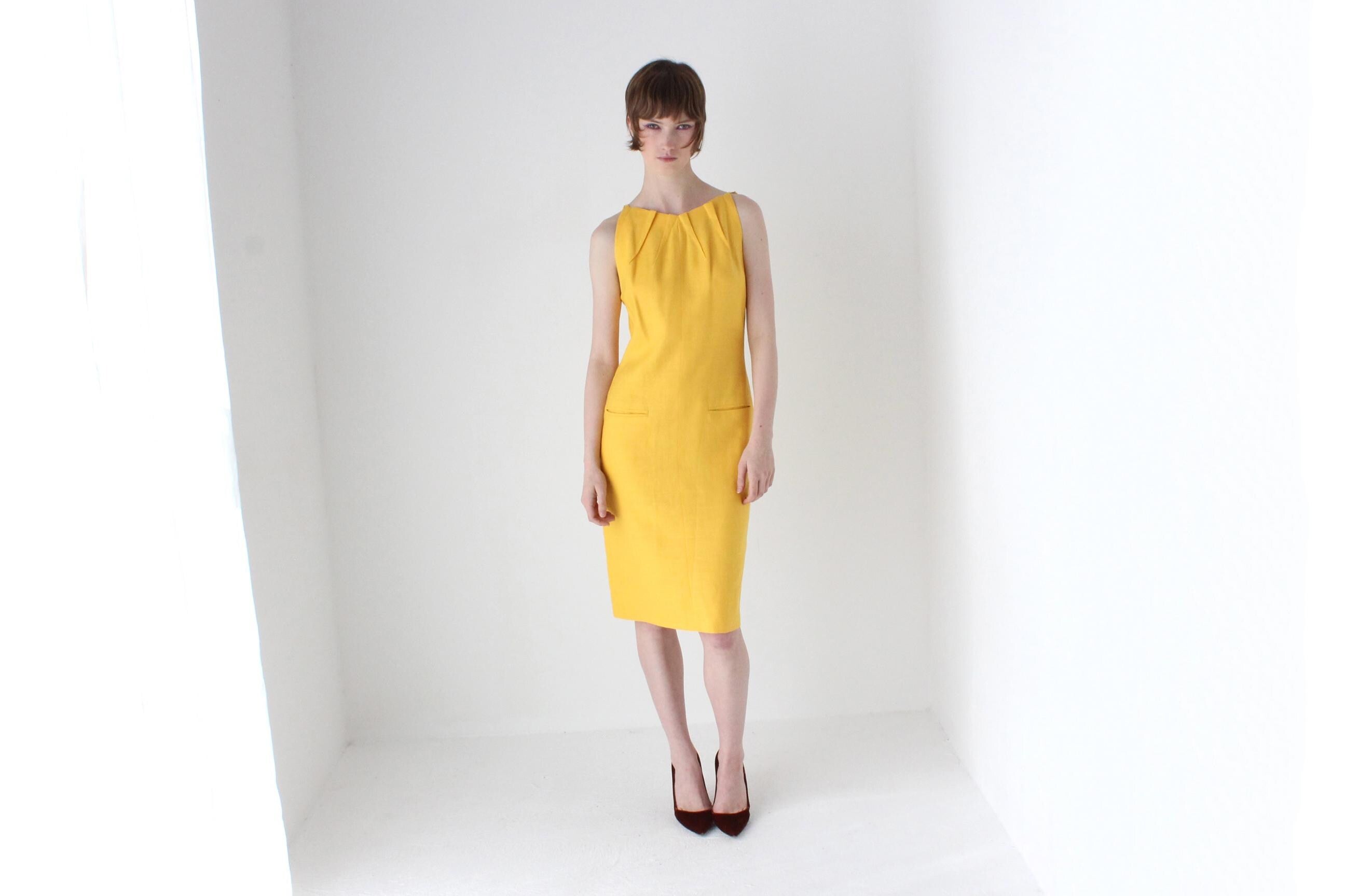 1980s BILL BLASS Sunflower Linen High Neck Cocktail Dress