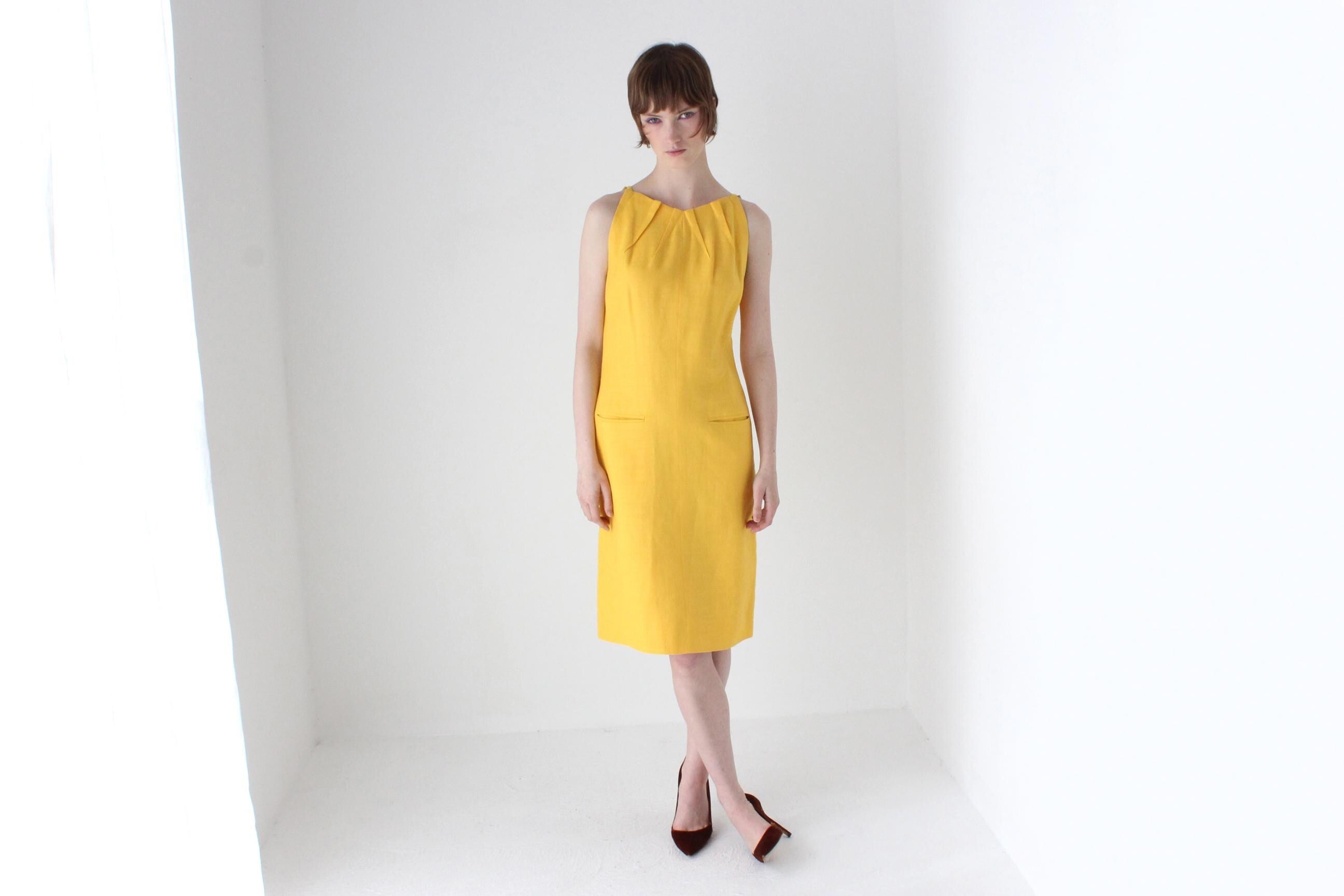 1980s BILL BLASS Sunflower Linen High Neck Cocktail Dress