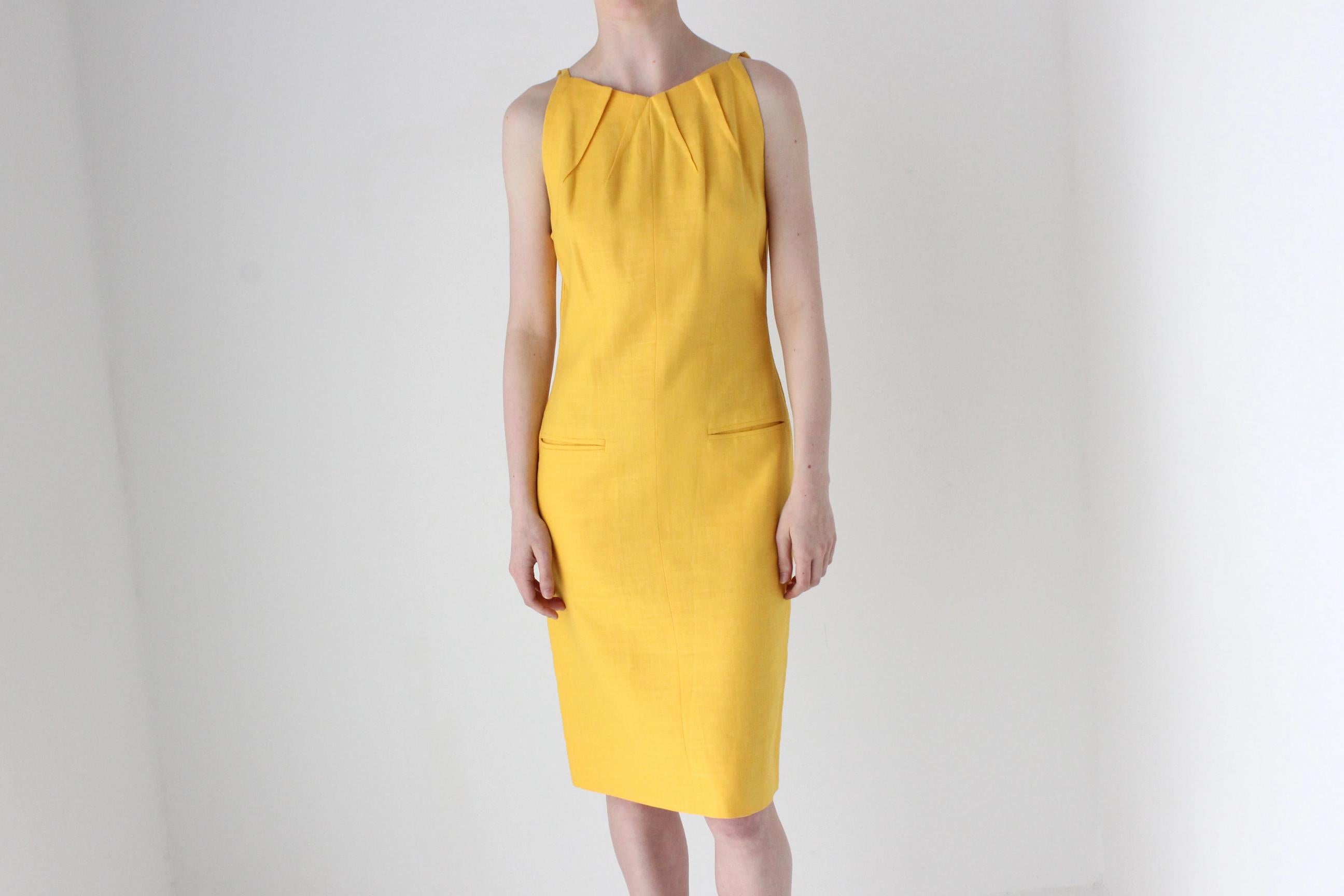 1980s BILL BLASS Sunflower Linen High Neck Cocktail Dress