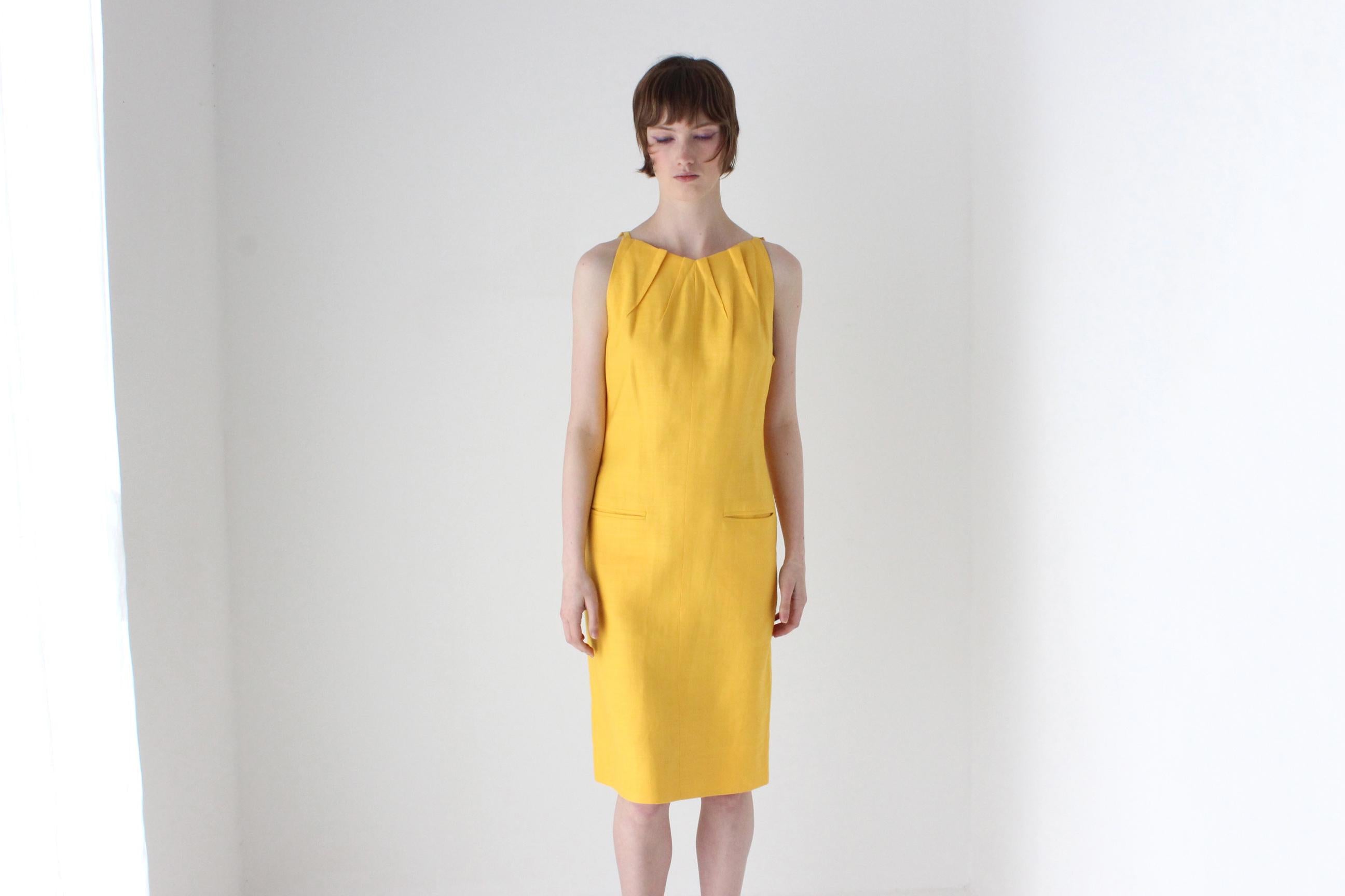 1980s BILL BLASS Sunflower Linen High Neck Cocktail Dress