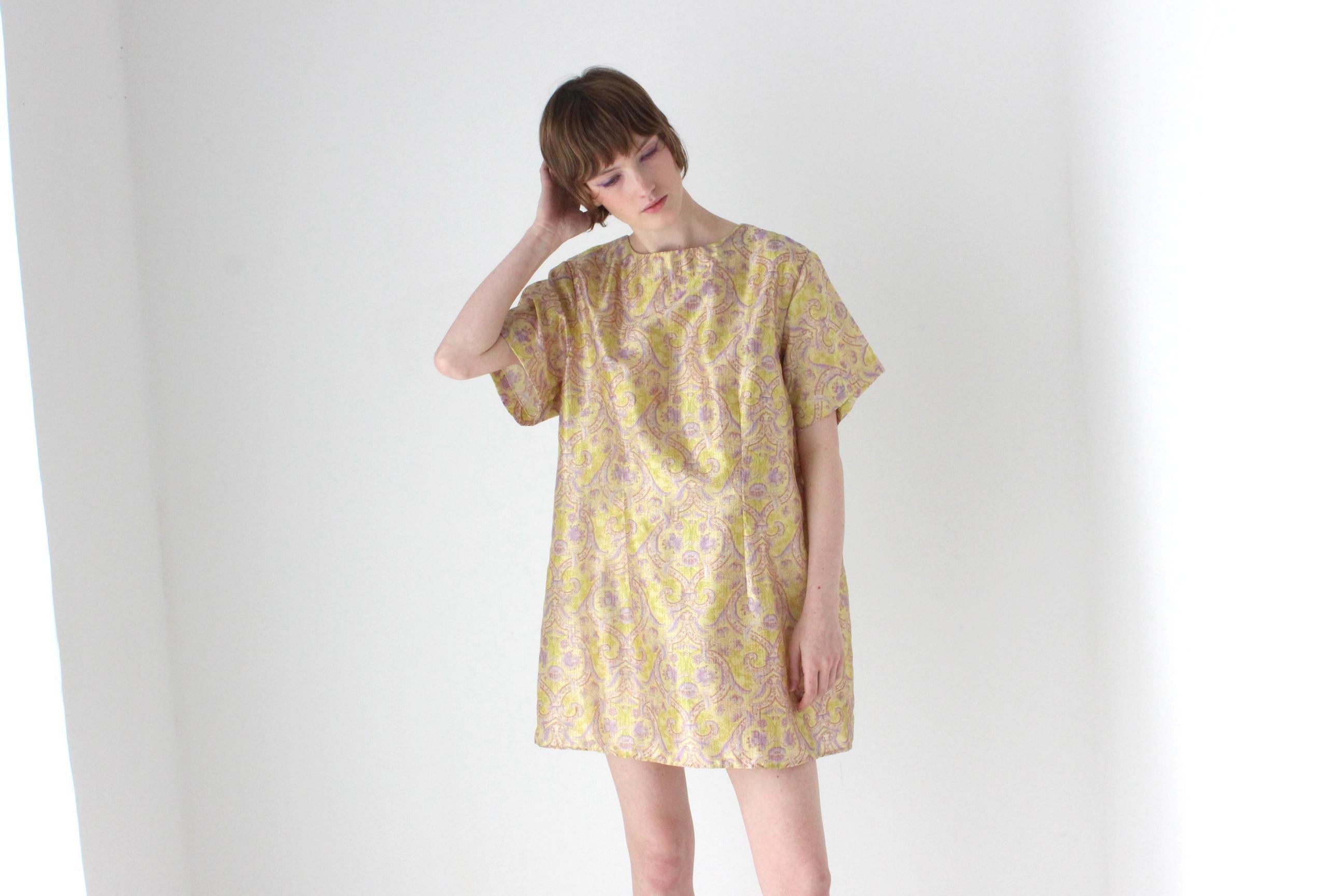 60s Printed Gold Glitter Lurex Mod Mini Party Dress