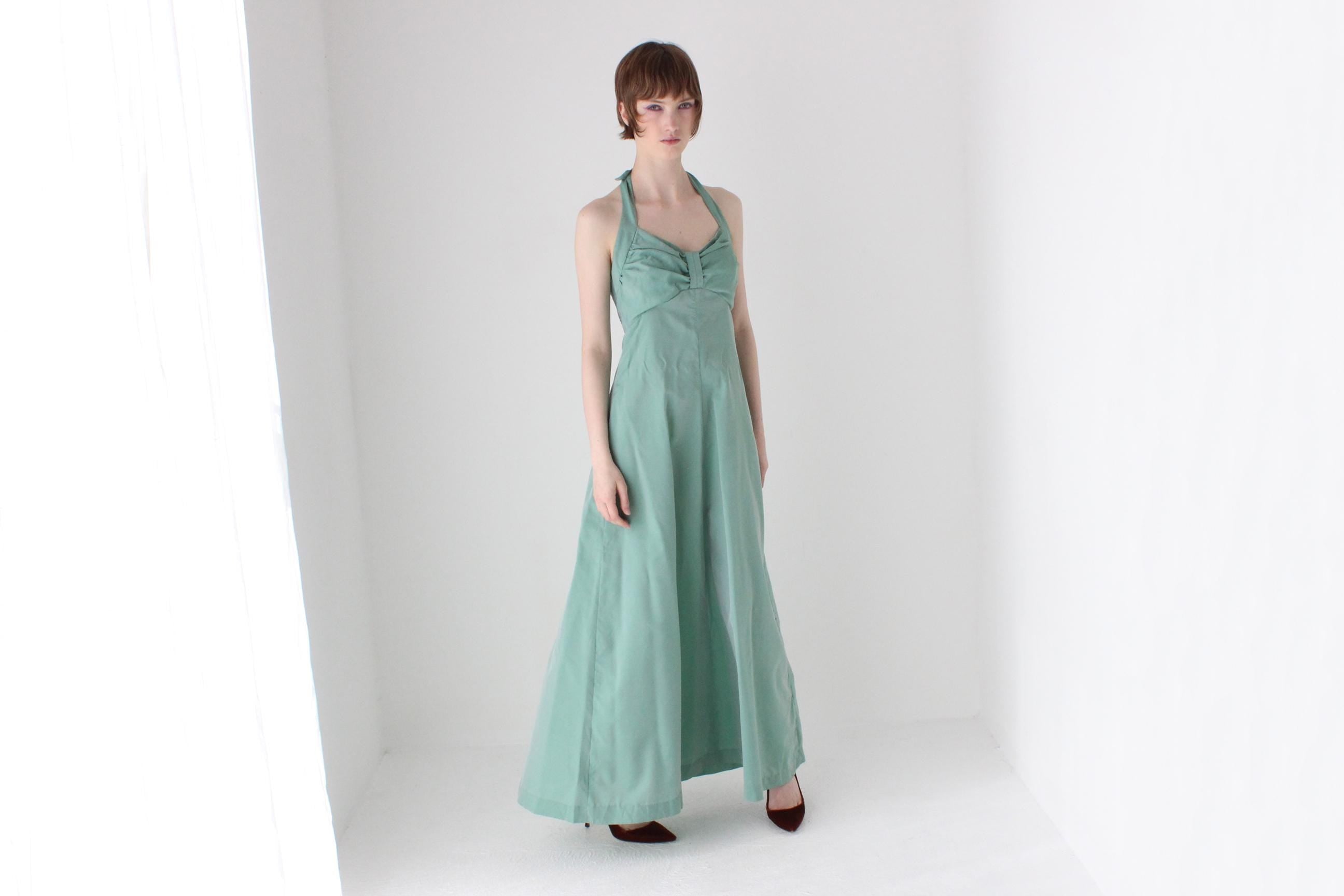 Sexy 70s Seafoam Green Halter Maxi Disco Dress