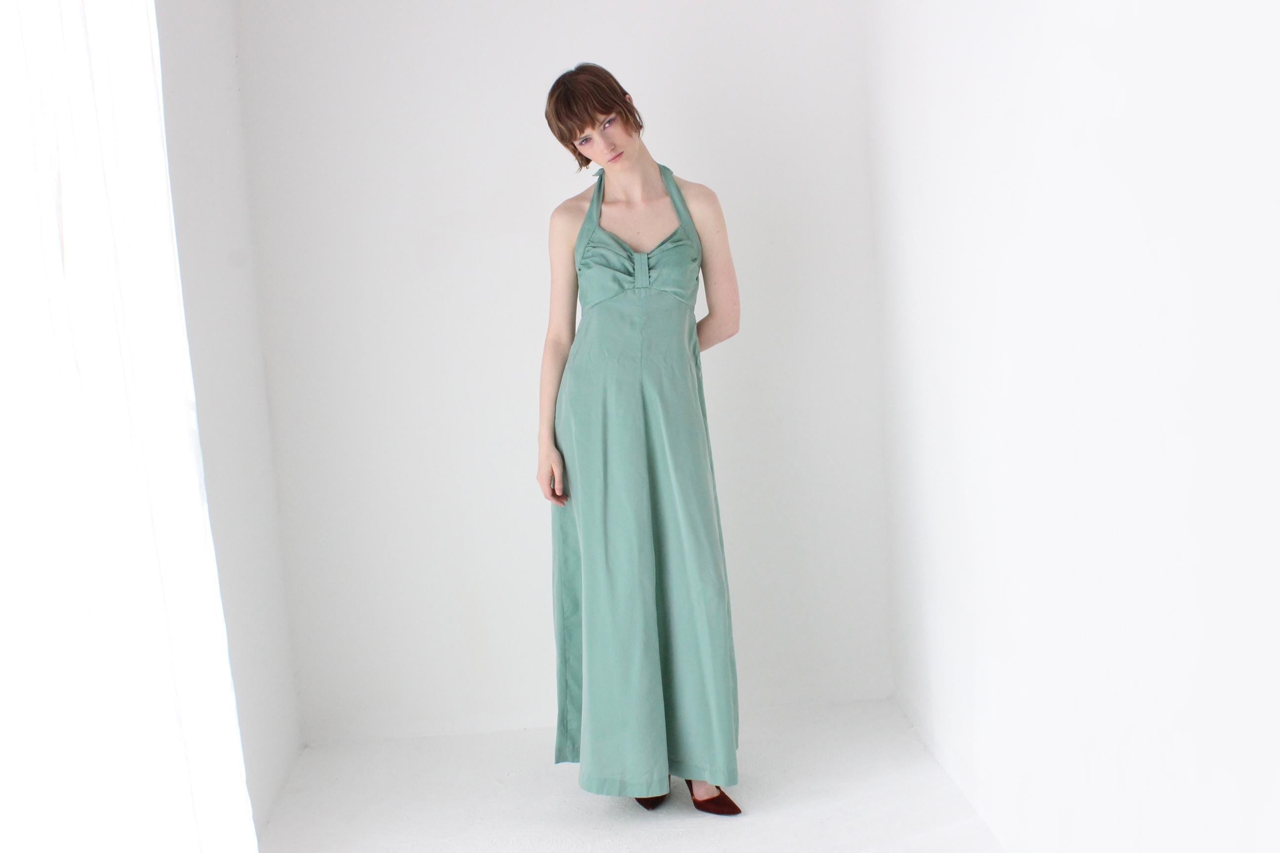 Sexy 70s Seafoam Green Halter Maxi Disco Dress