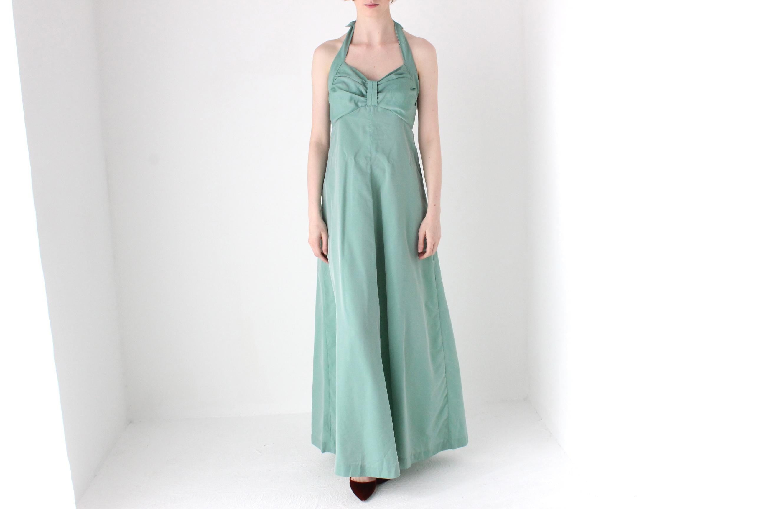 Sexy 70s Seafoam Green Halter Maxi Disco Dress