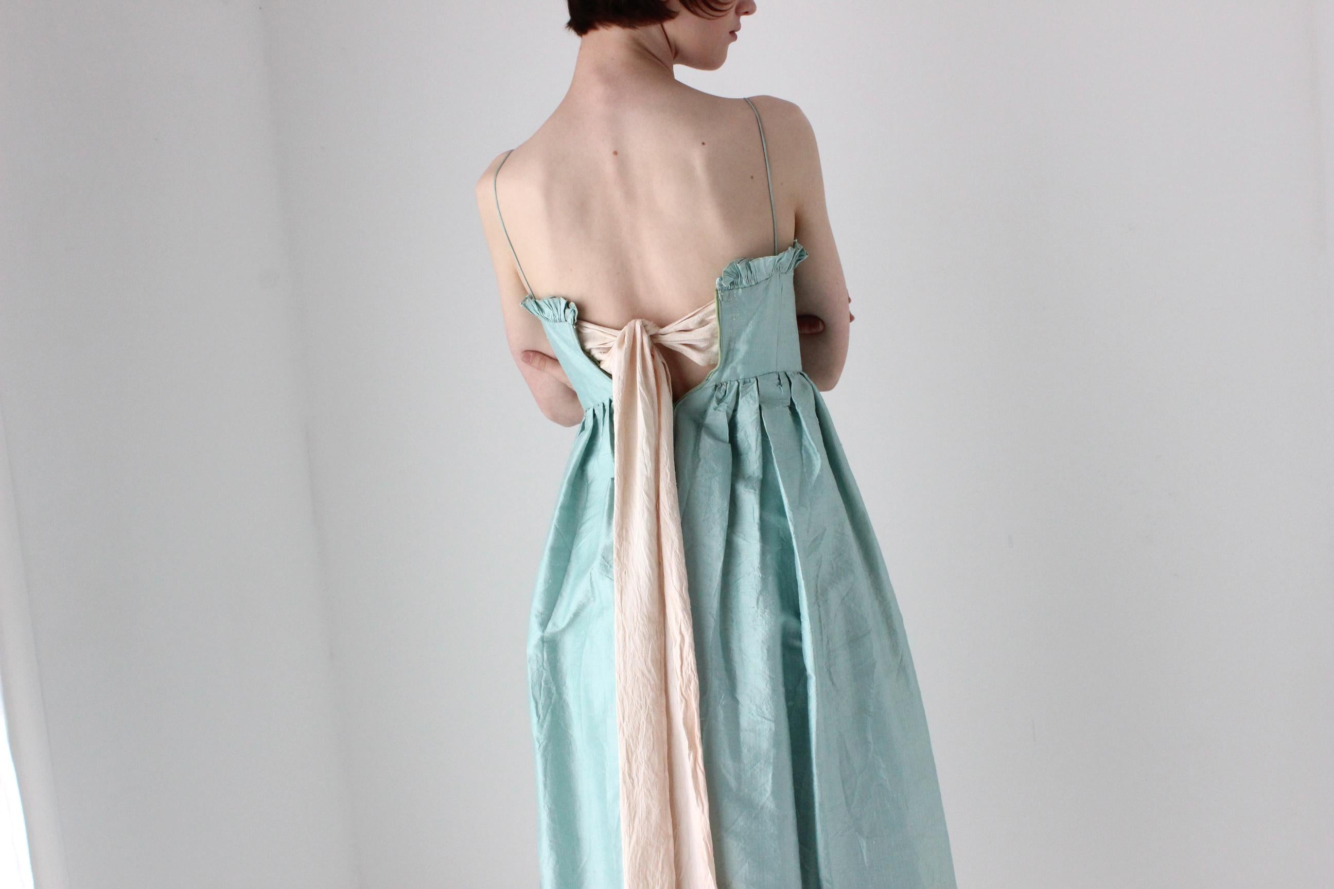 Romantic Handmade 1980s Pastel Raw Silk Voluminous Empire Waist Dress