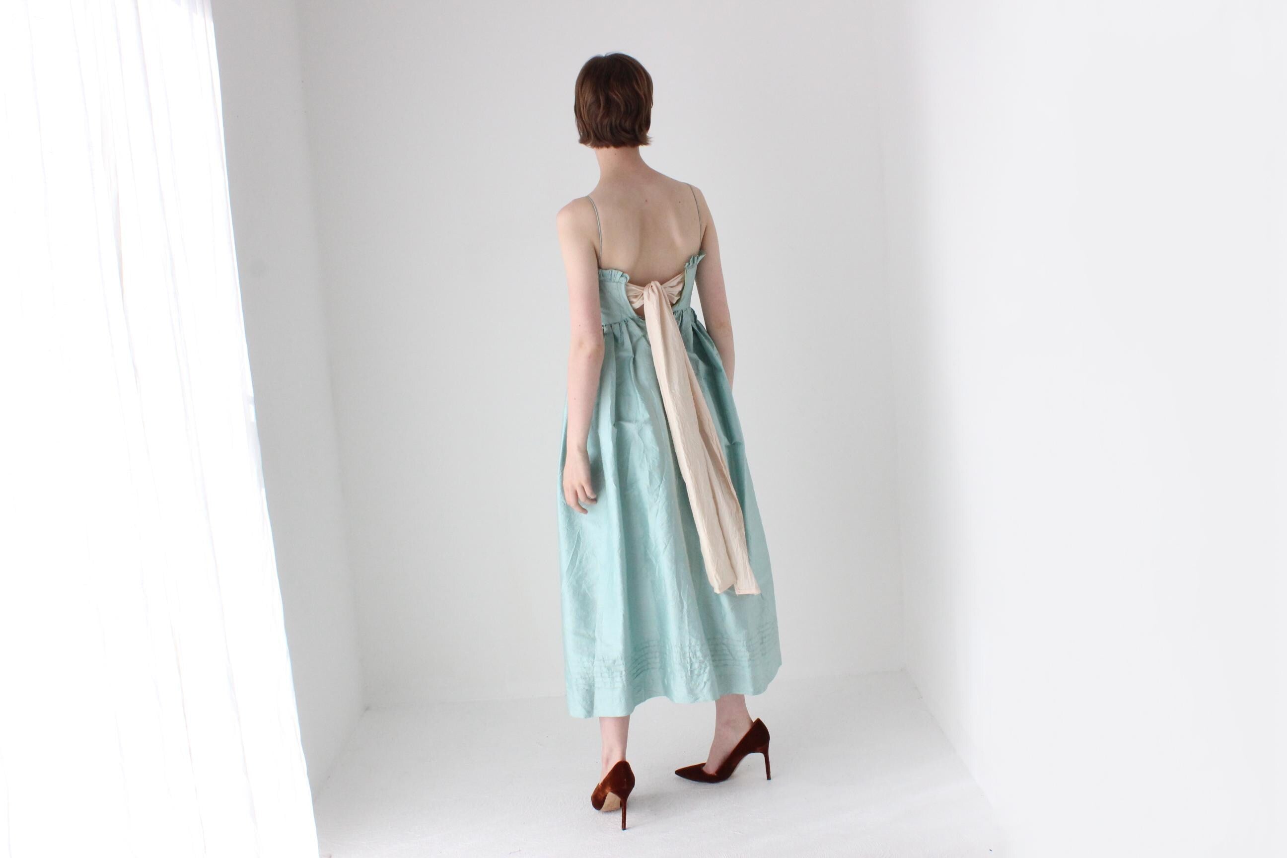 Romantic Handmade 1980s Pastel Raw Silk Voluminous Empire Waist Dress