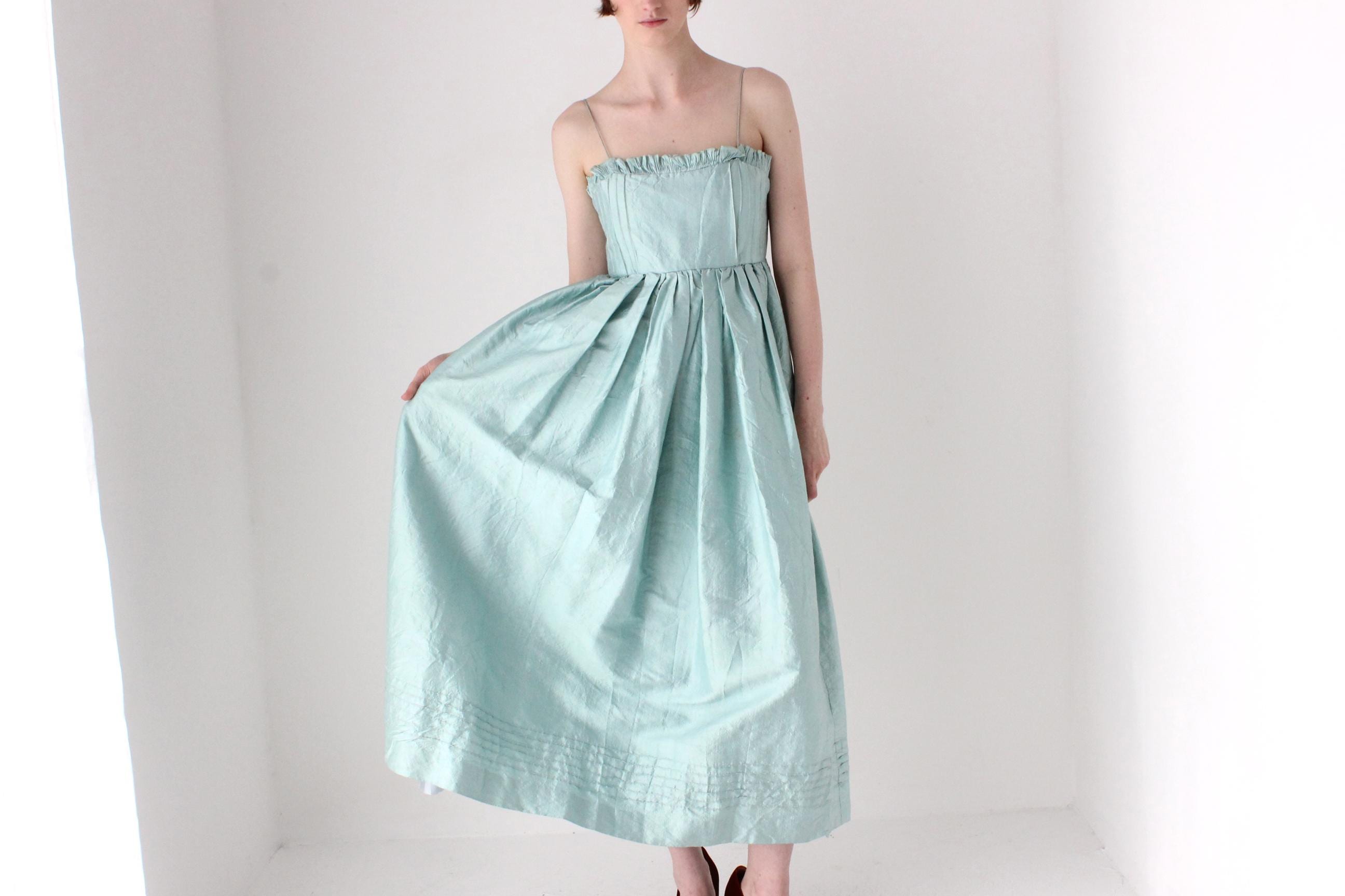 Romantic Handmade 1980s Pastel Raw Silk Voluminous Empire Waist Dress