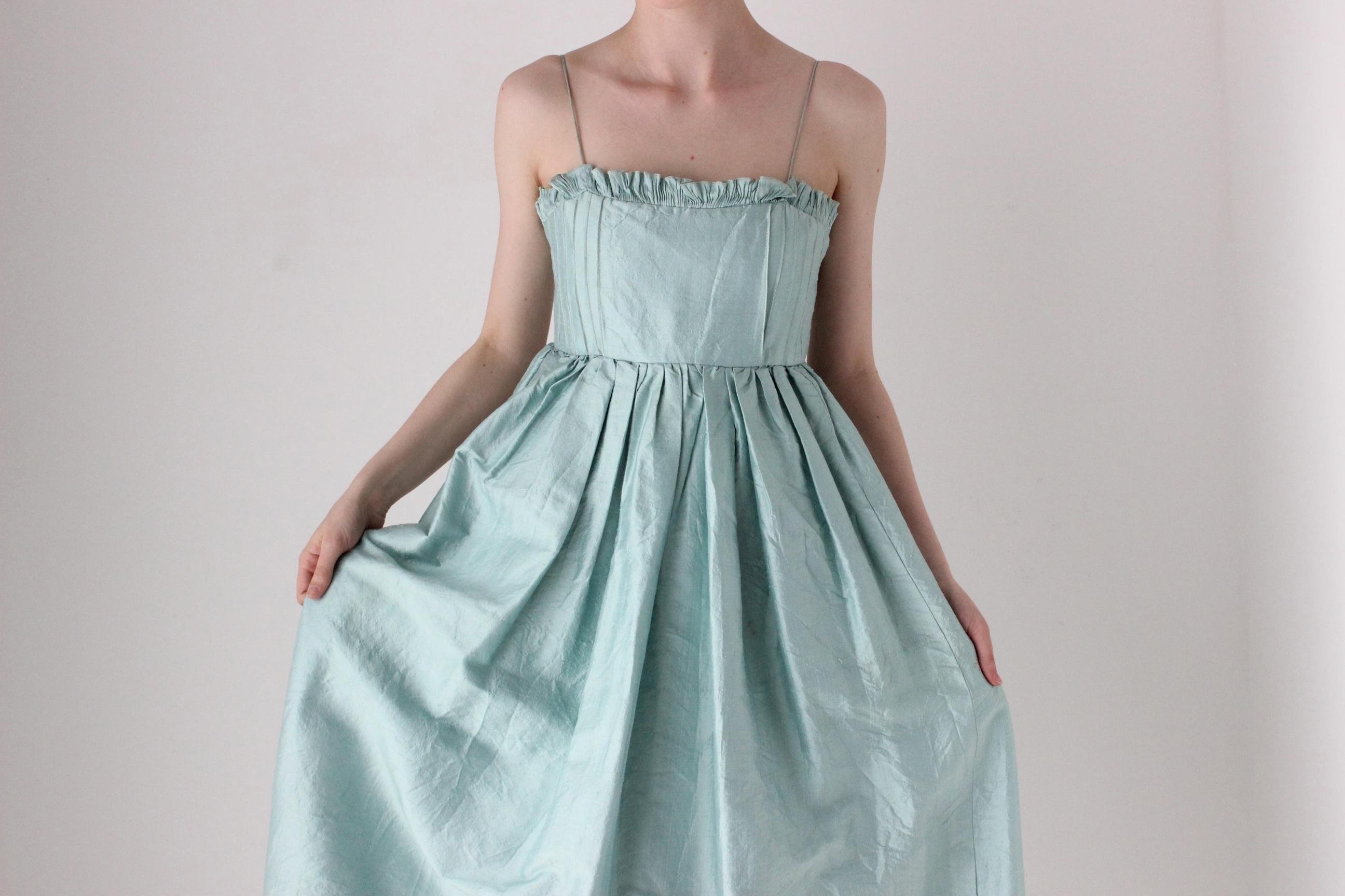 Romantic Handmade 1980s Pastel Raw Silk Voluminous Empire Waist Dress