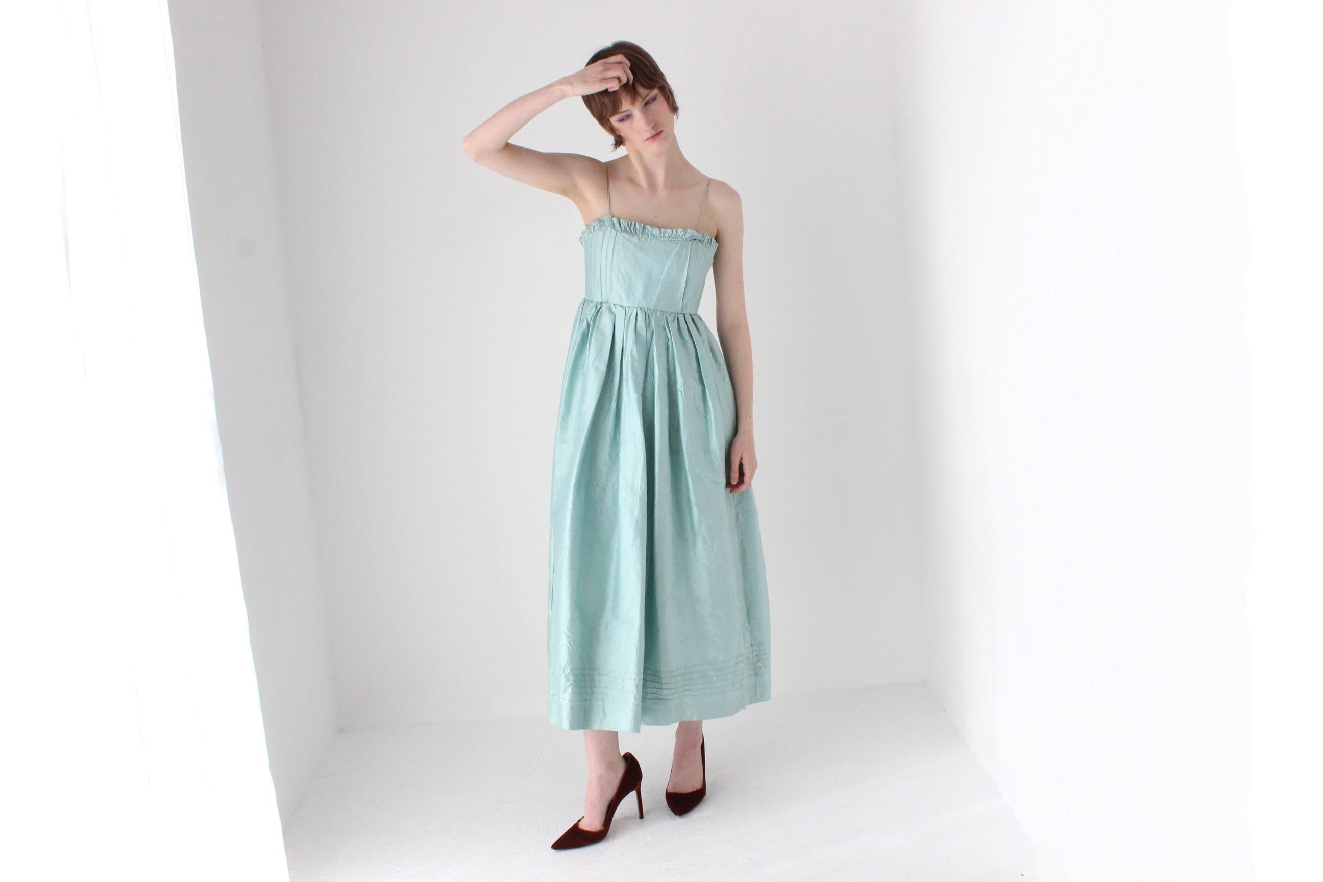 Romantic Handmade 1980s Pastel Raw Silk Voluminous Empire Waist Dress