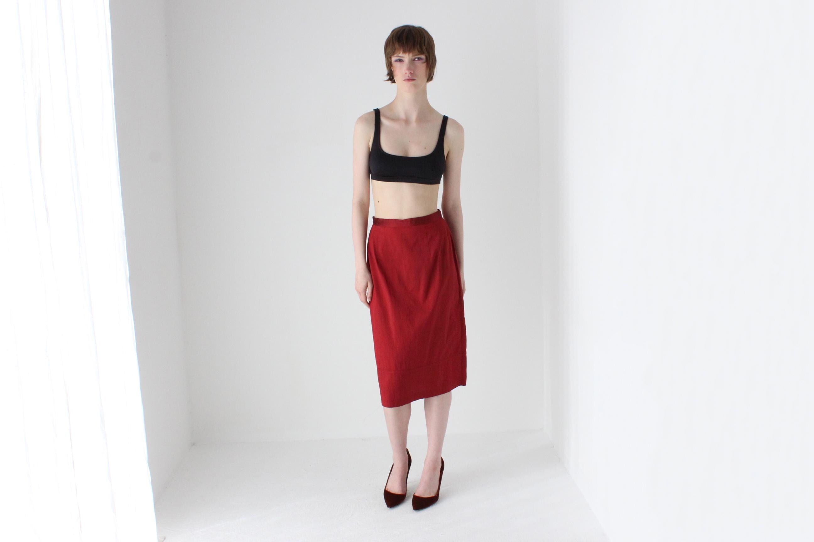 90s Red Silk Simple Knee Length Column Skirt