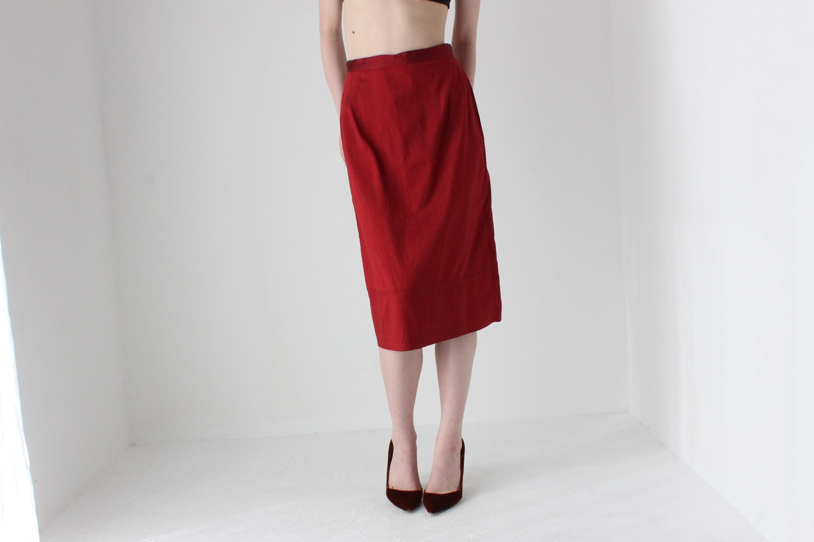 90s Red Silk Simple Knee Length Column Skirt