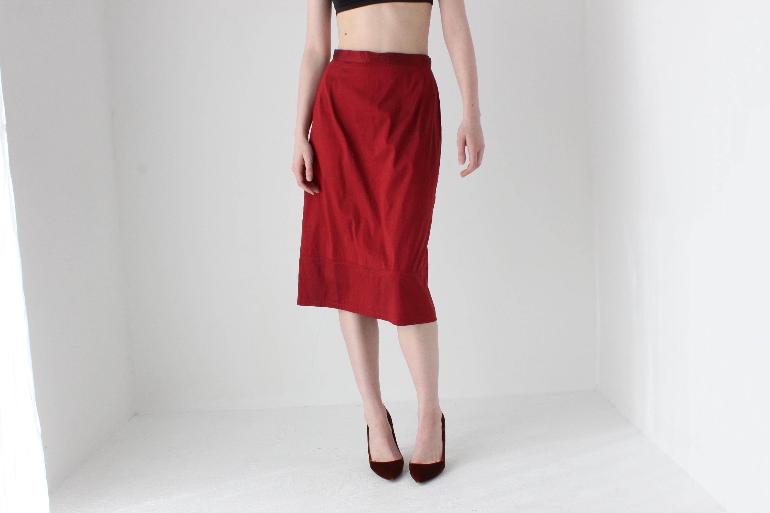 90s Red Silk Simple Knee Length Column Skirt