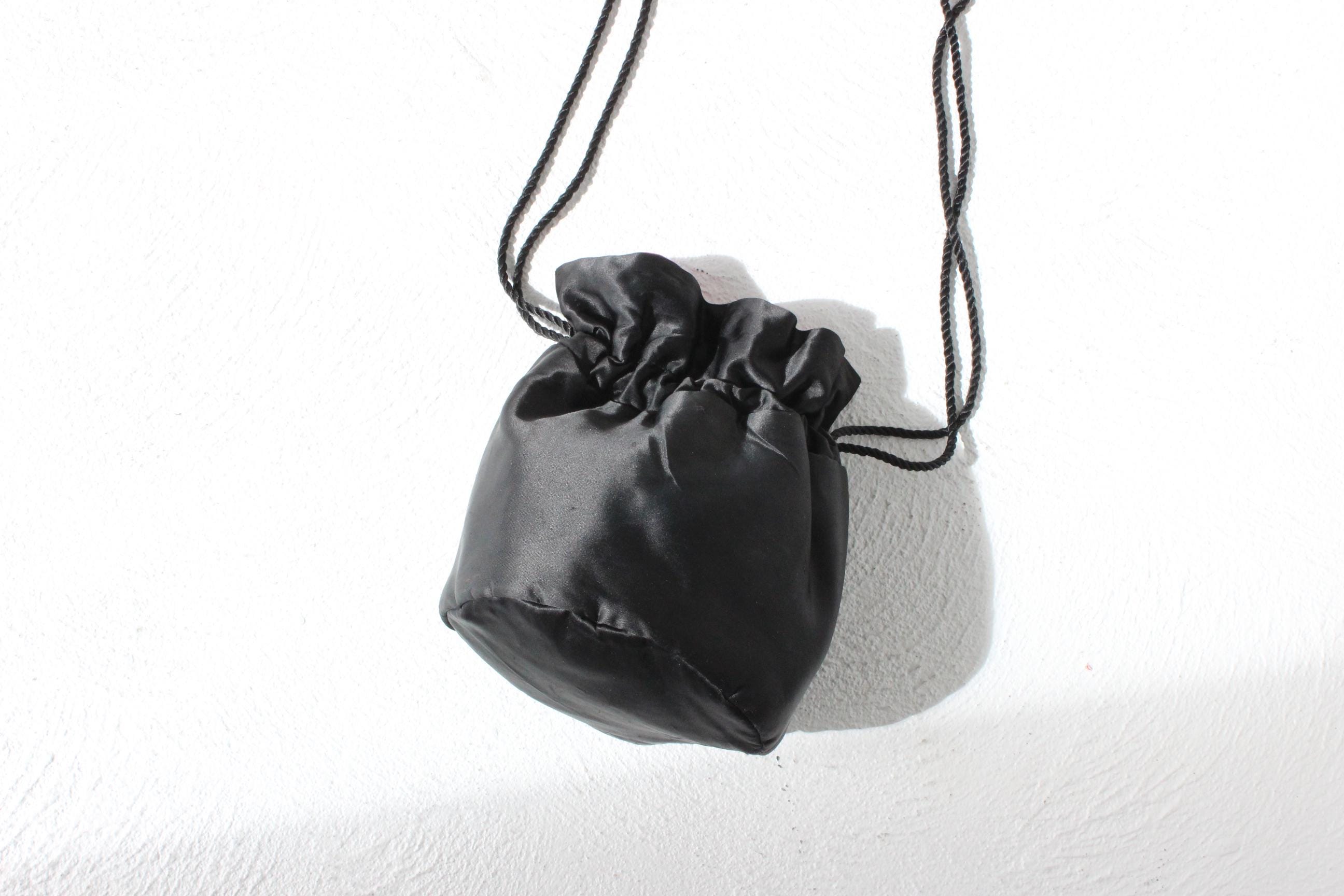 80s Black Satin Drawstring Evening Bag w/ Hot Pink Lining