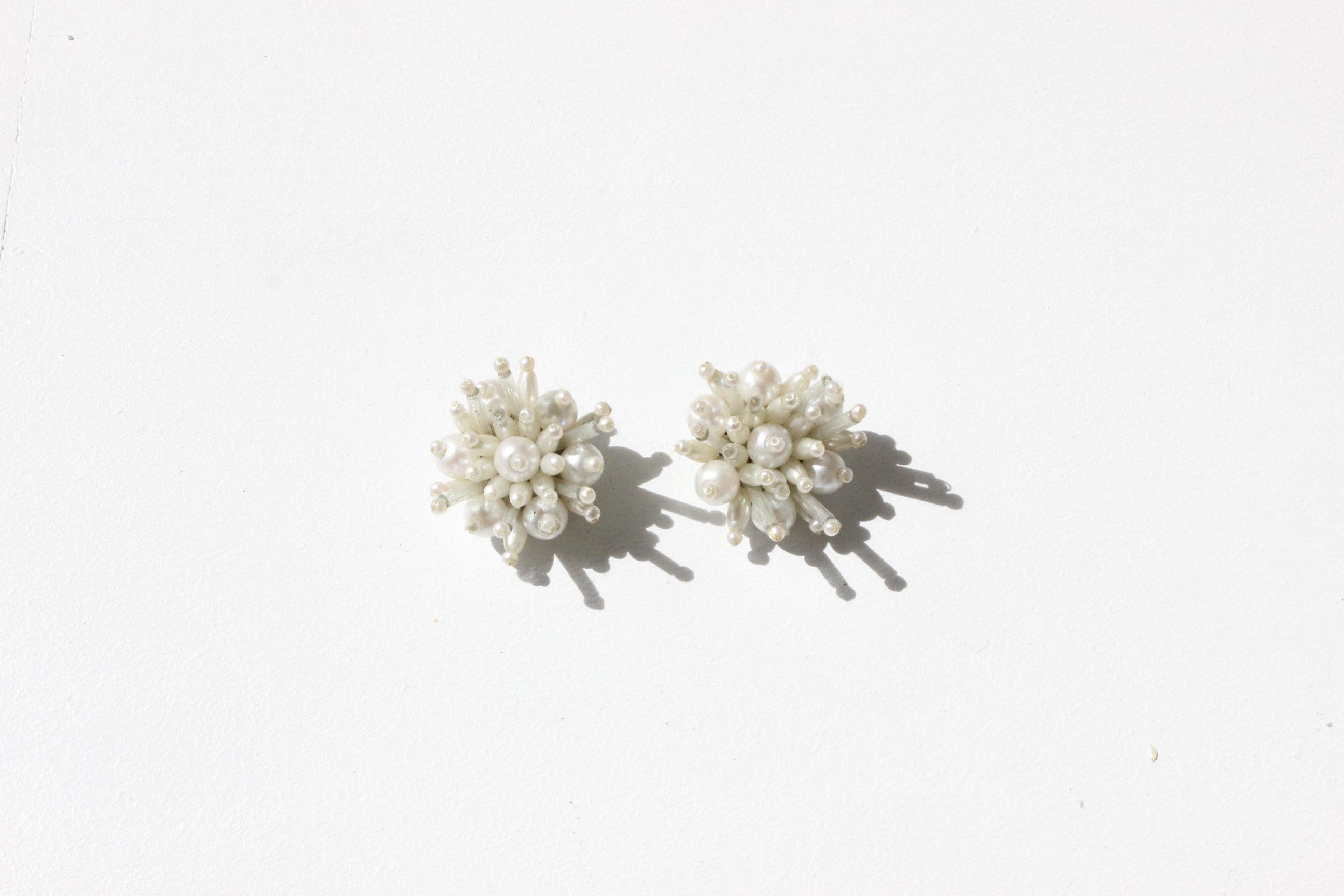 60s Baroque Pearl 'Flower' Cluster Clip On Wedding Earrings